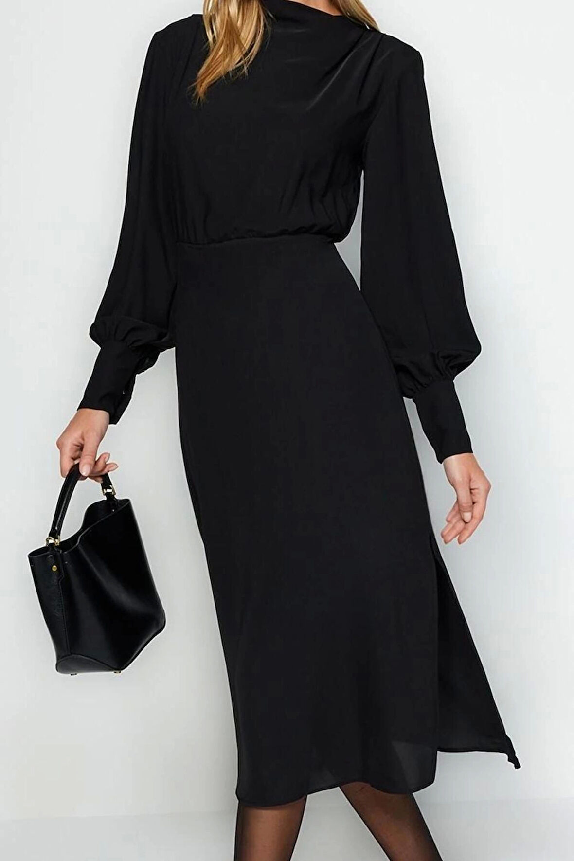 Moda Stil Regular Degaje Yaka Midi Boy Yırtmaçlı Dokuma Elbise