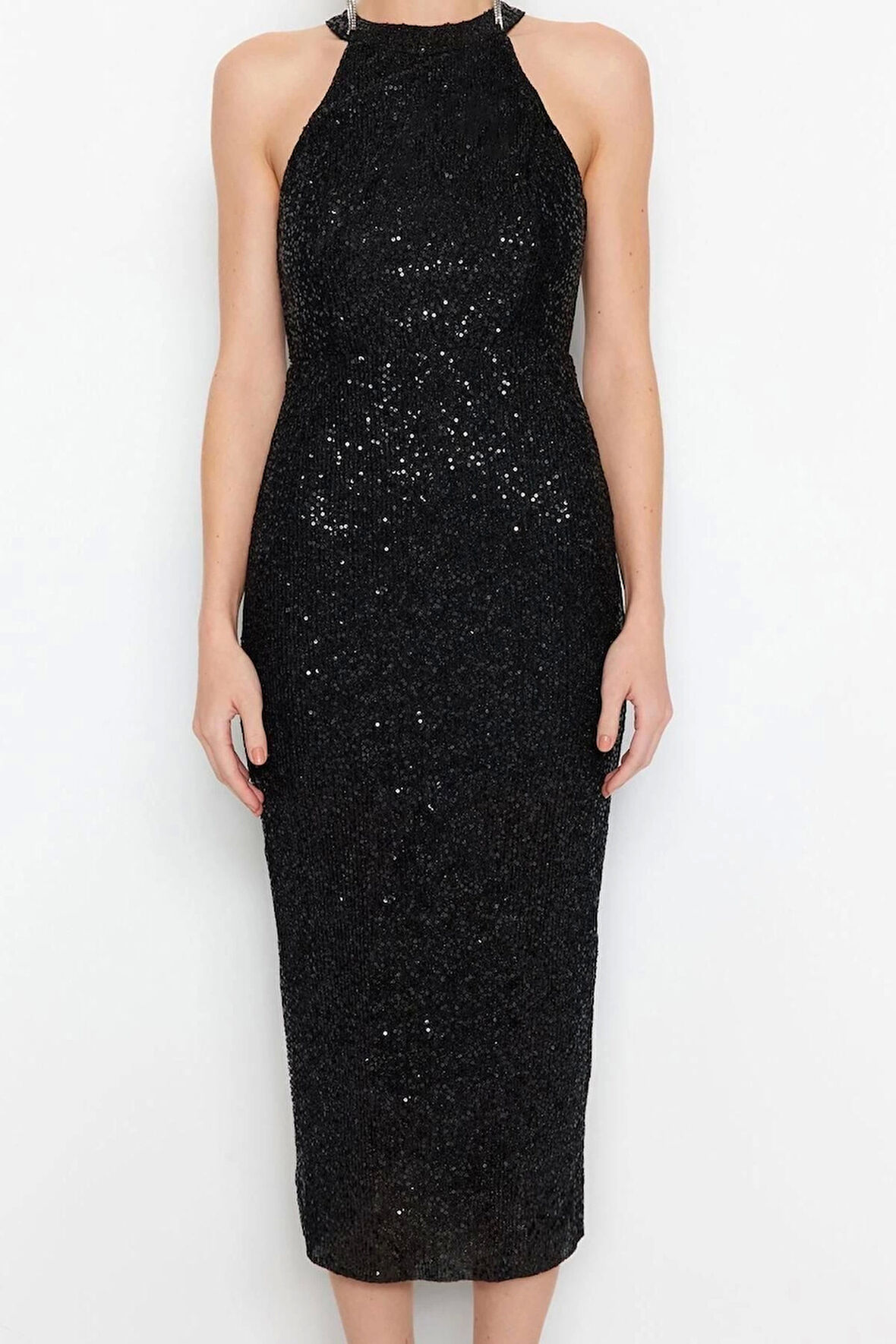 Moda Regular Mezuniyet Balo Payet Örme Halter Yaka Kolsuz Kol Bodycone Midi Boy Elbise