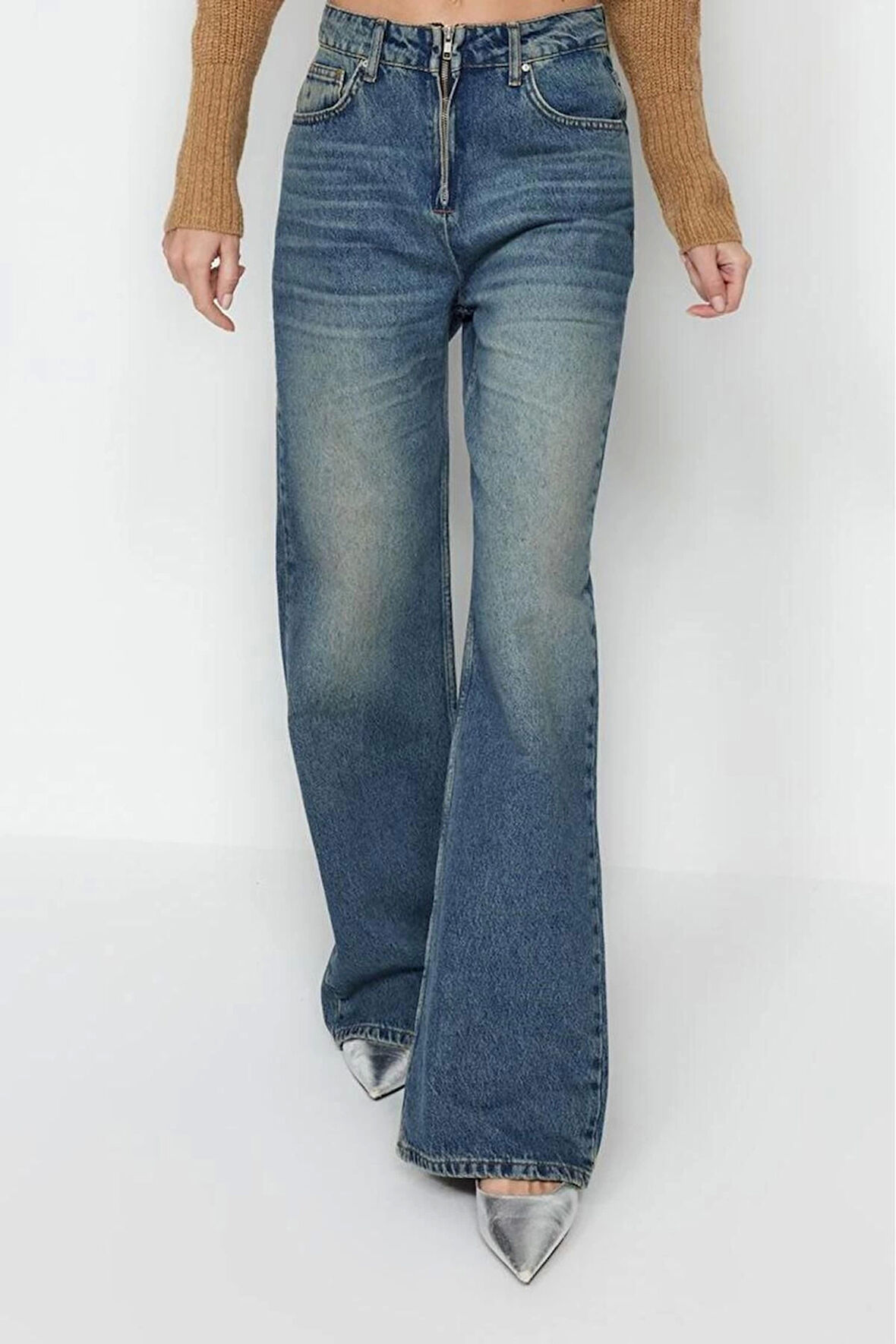 Stil Kadın Moda Denim Kot Pantolon Uzun Geniş Paça Yüksek Bel Jeans