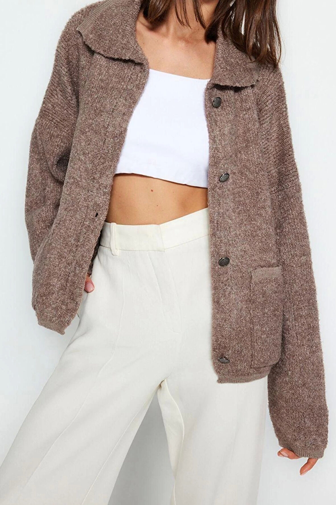 Kadın Modern Tarz Oversize Polo Yaka Regular Triko Hırka