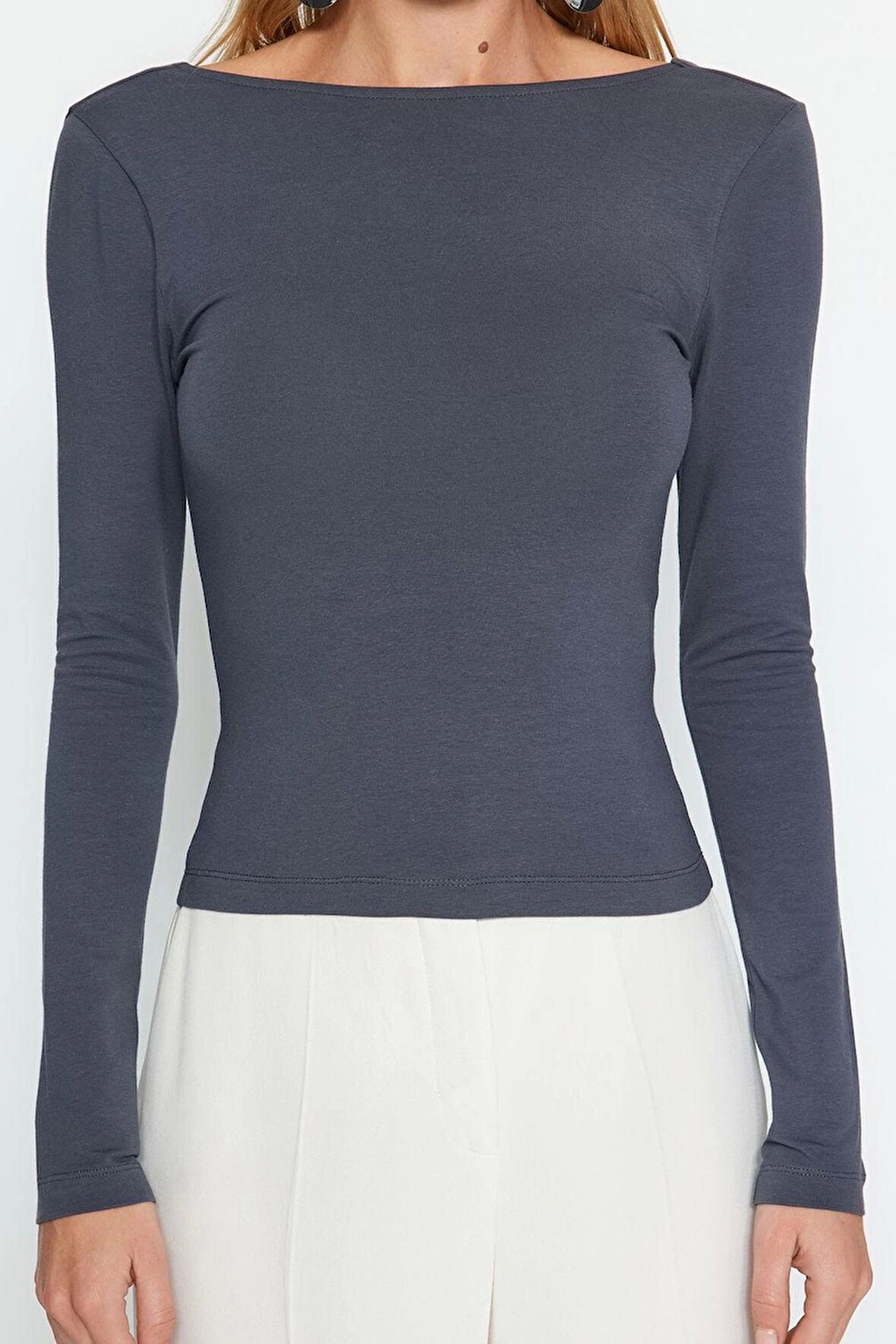 Moda Kayık Yaka Örme Slim Düz Desen Casual Günlük Regular Uzun Kol Bluz