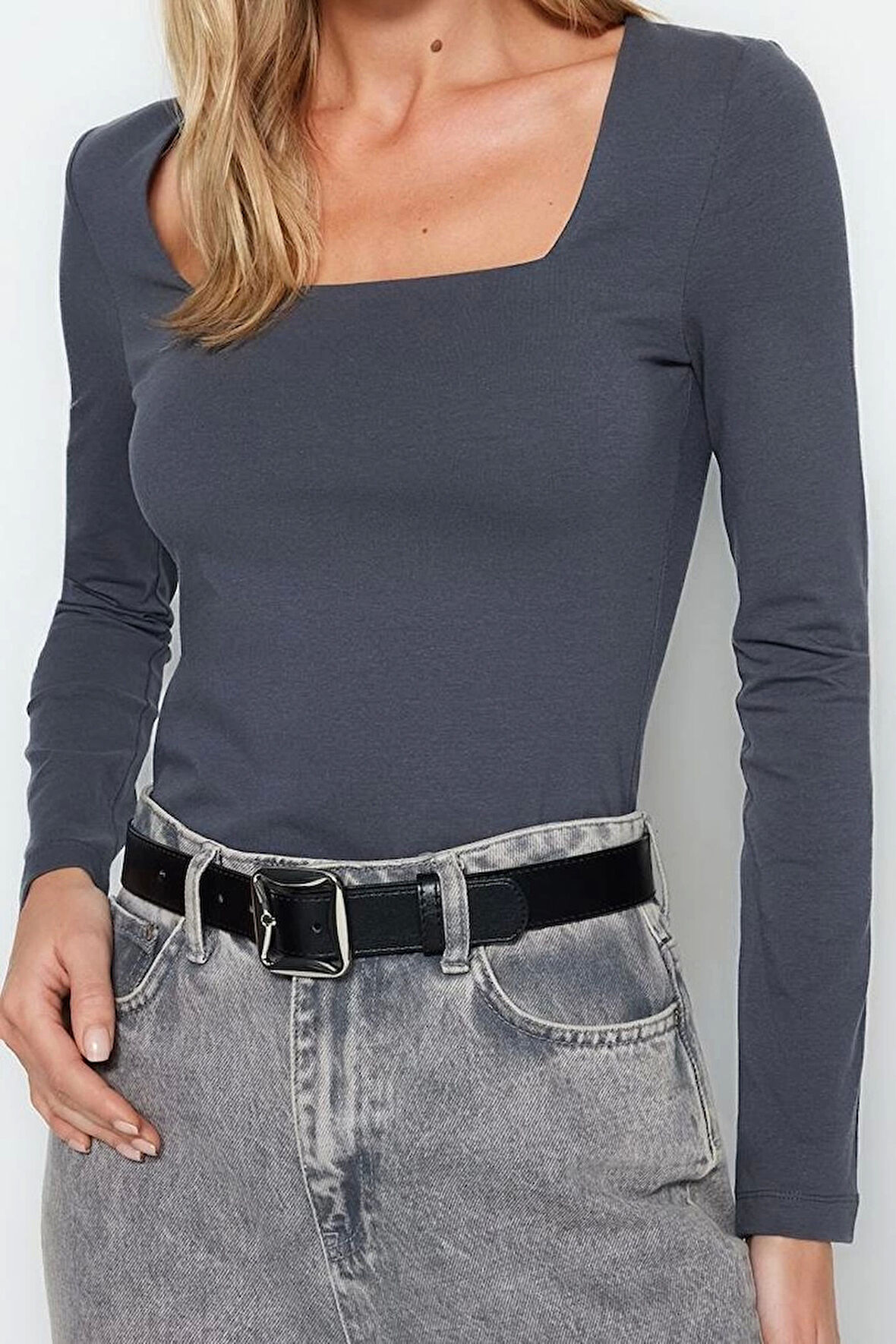 Moda Kare Yaka Örme Slim Düz Desen Casual Günlük Regular Uzun Kol Bluz