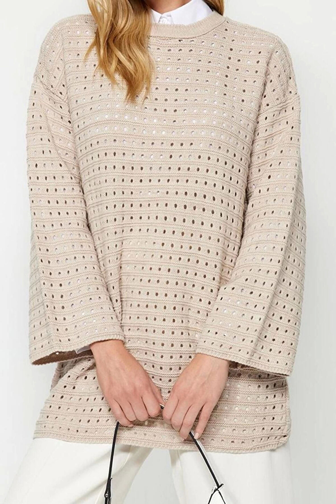 Kadın Modern Tarz Rahat Uzun Bisiklet Yaka Ajurlu Kol Regular Triko Örgü Kazak