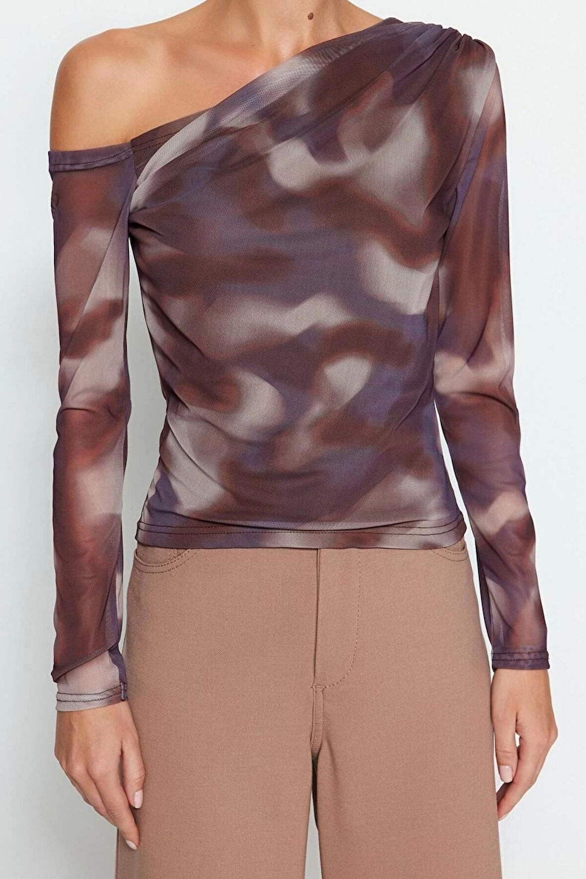 Moda Asimetrik Yaka Örme Slim Çiçekli Desen Casual Günlük Regular Uzun Kol Bluz