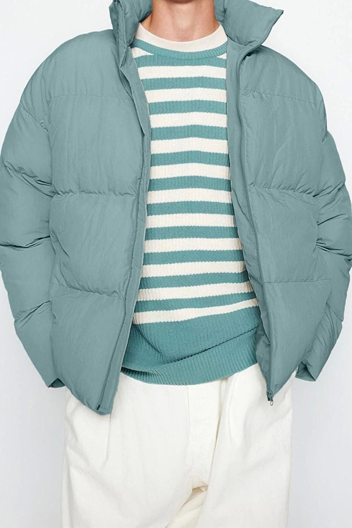 Tasarım Düz Astarlı Yaka Standart Bol Dik Unisex Oversize Fit Dik Yaka Şişme Kışlık Mont