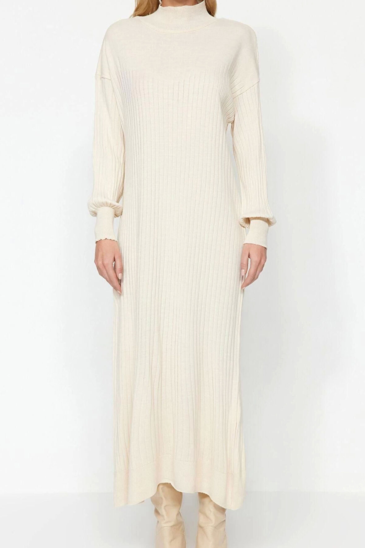 Moda Regular Günlük Ribana Kaşkorse Triko Bisiklet Yaka Uzun Kol Shift Maxi Boy Tesettür Elbise