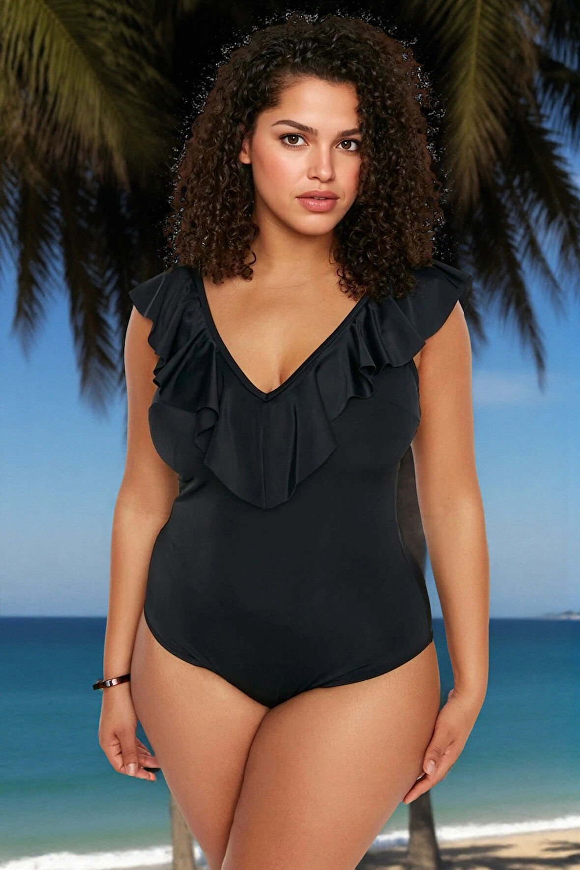 Tam Koruma Sağlayan Konforlu Plus Size Mayo Volanlı Tasarım Büyük Beden Rahat Kesim