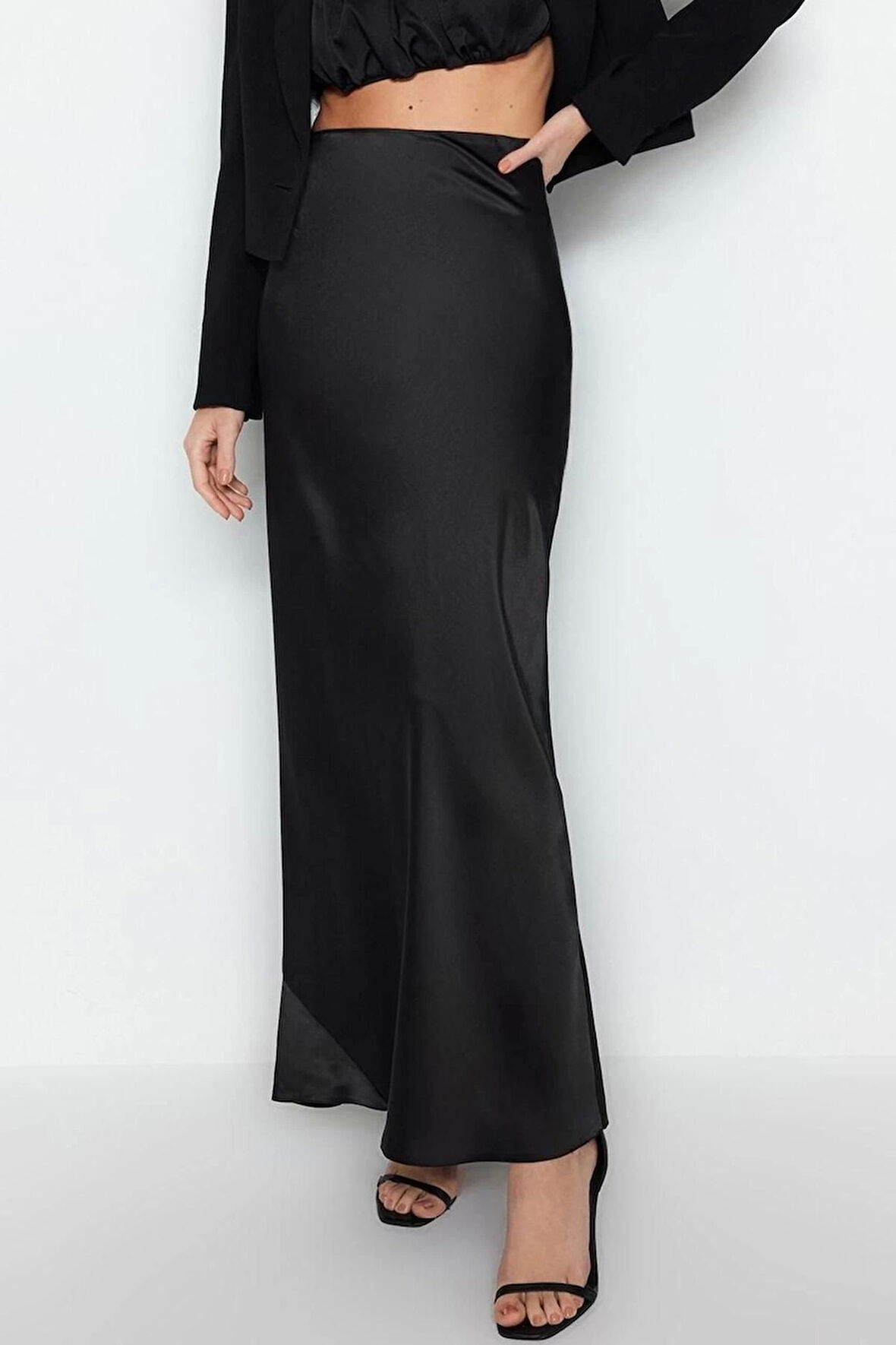 Moda Fitted Düz Desen Şık Gece Maxi Boy Dokuma Saten Uzun Etek