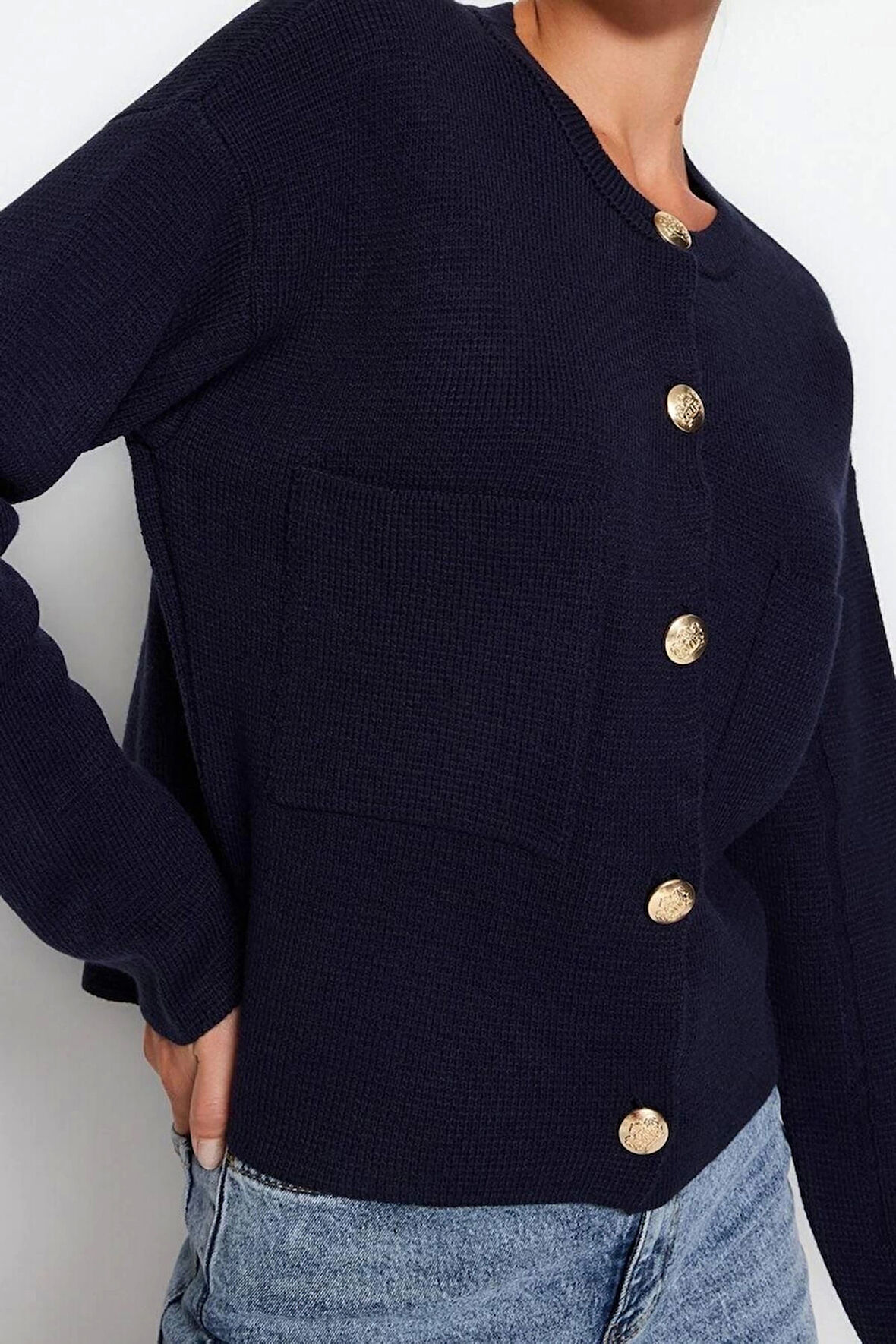 Kadın Modern Tarz Rahat Uzun Bisiklet Yaka Düz Kol Regular Triko Hırka