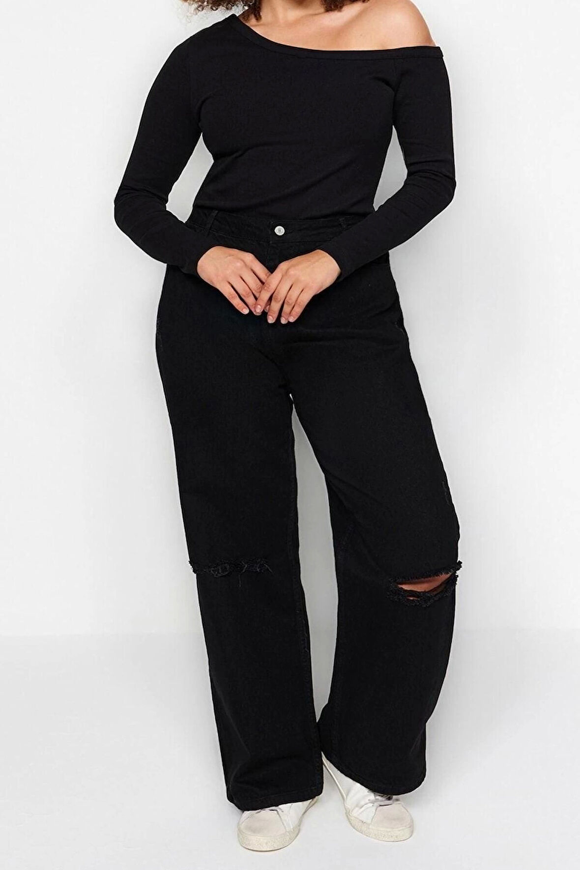 Moda Büyük Beden Devrik Yaka Örme Fit Düz Desen Casual Günlük Regular Uzun Kol Bluz