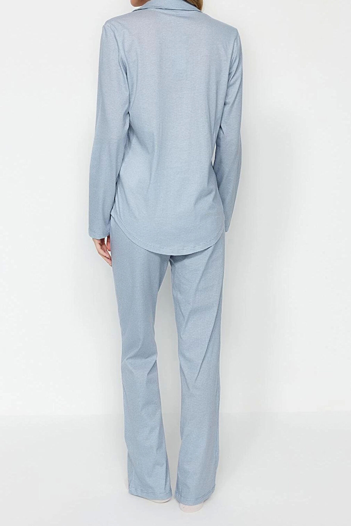 Tarz Rahat Uzun Kollu Boru Paça %100 Pamuklu Pötikareli Örme Pijama Takımı