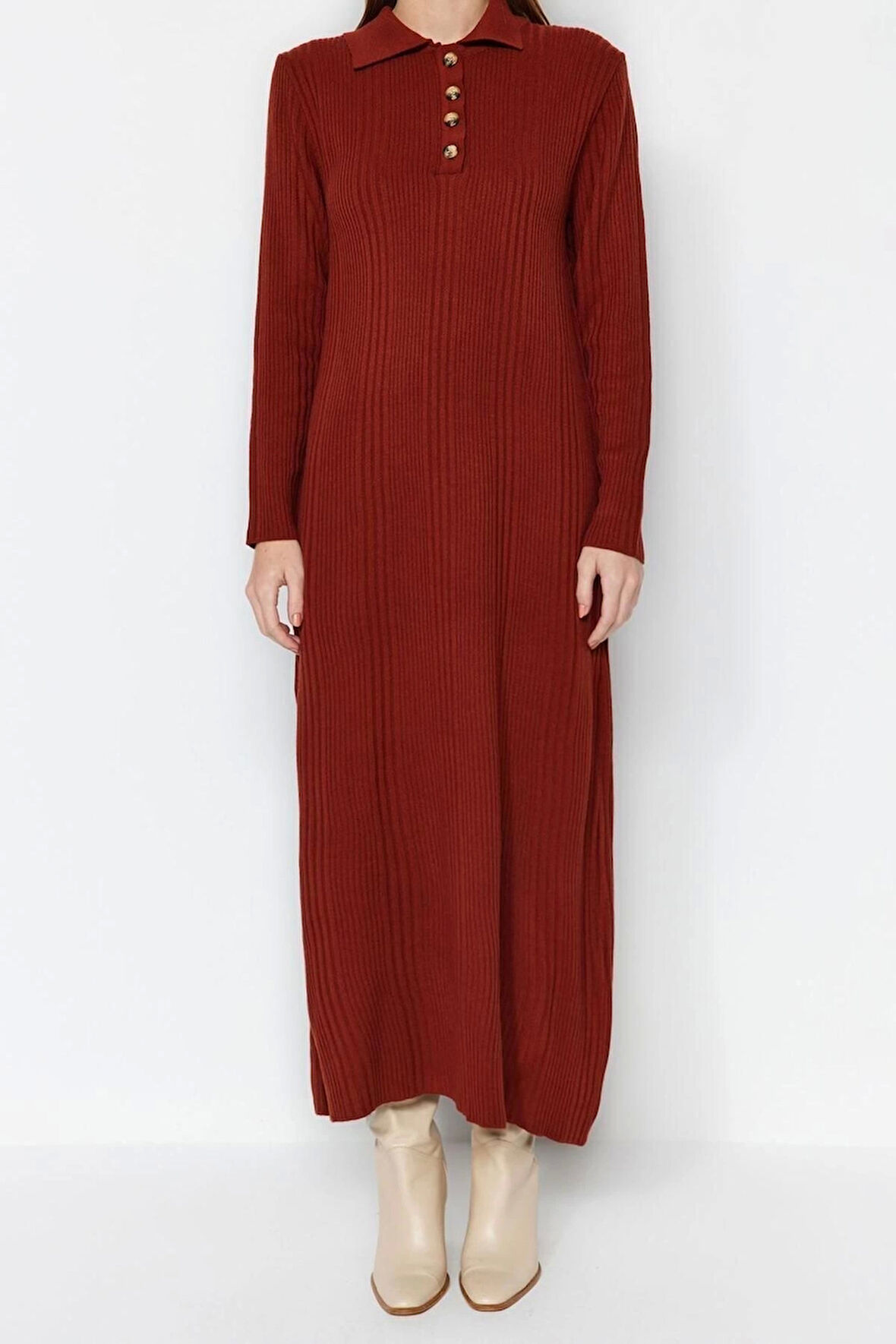 Moda Regular Casual Günlük Ribana Kaşkorse Dokuma V Yaka Uzun Kol A-Line Midi Boy Tesettür Elbise