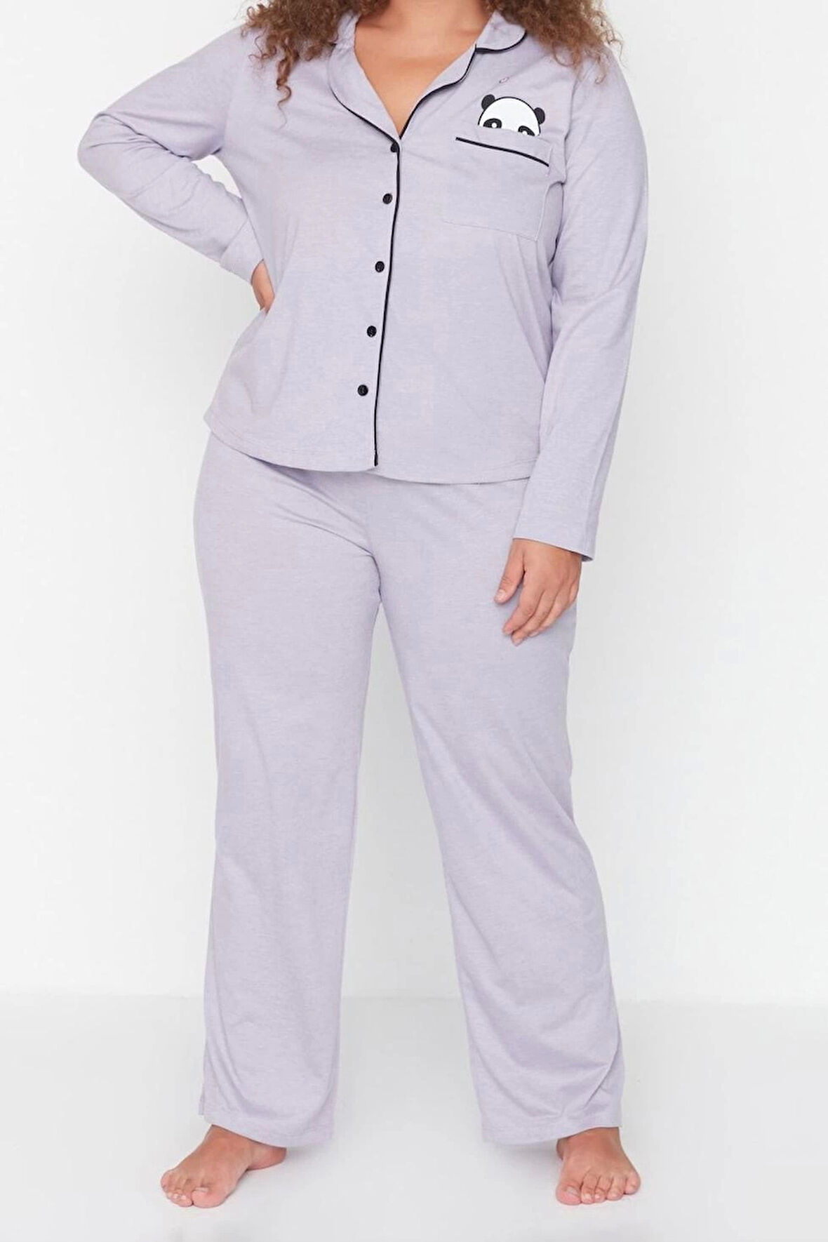 Tarz Rahat Büyük Beden Uzun Kollu Geniş Paça Panda Baskılı Örme Pijama Takımı