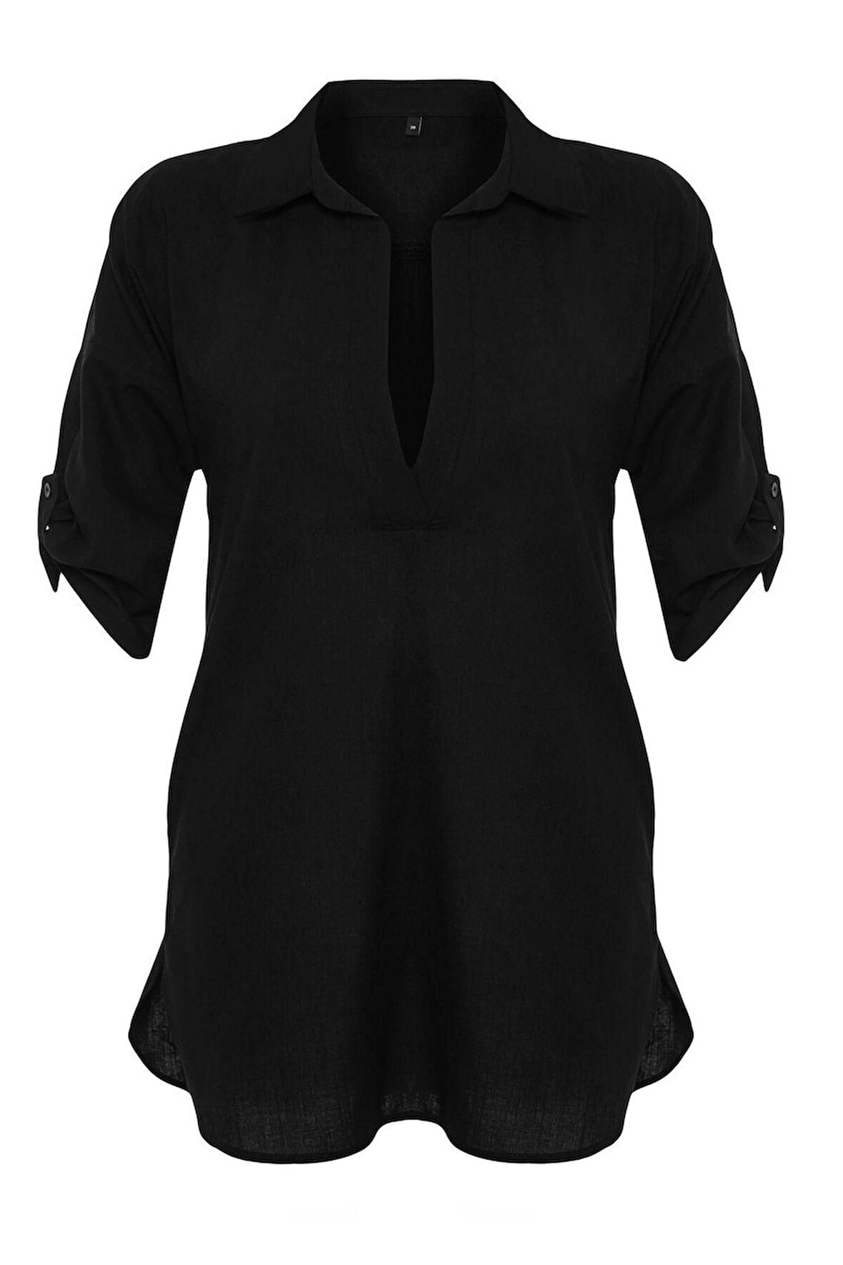 Moda Uzun Kollu V Yaka Mini Elbise Mavi Mini Dokuma %100 Pamuklu Plaj Elbisesi