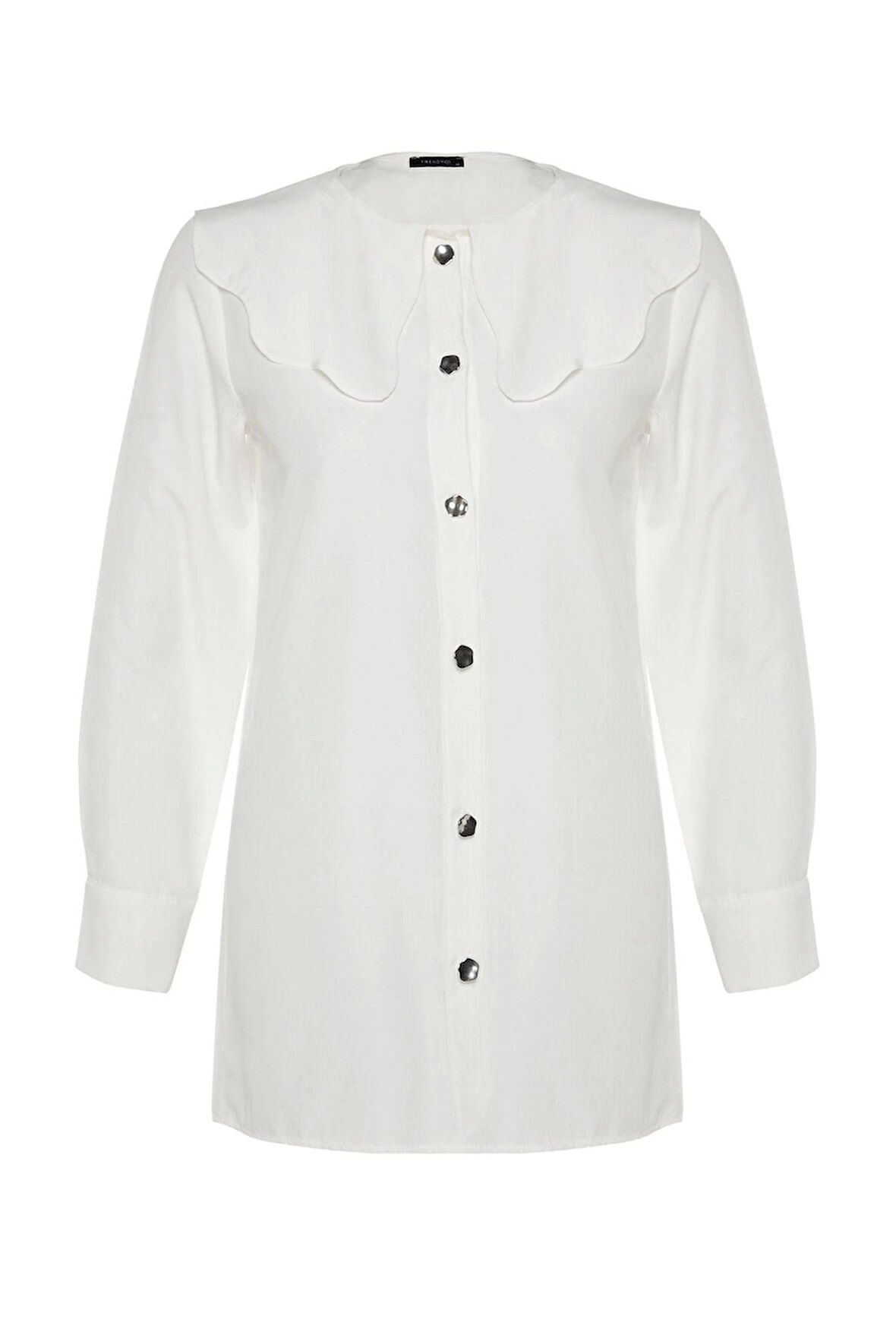 Moda Kadın Tesettür Bebe Yaka Düz Desen Günlük Gümüş Düğme Detaylı Bebe Yaka Pamuklu Gömlek