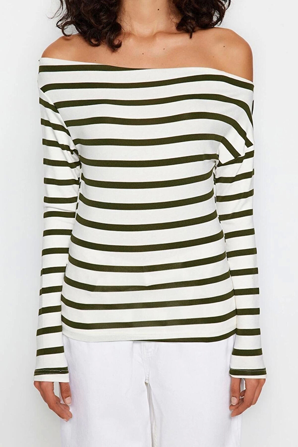 Moda Kayık Yaka Örme Slim Çizgili Desen Casual Günlük Regular Uzun Kol Bluz