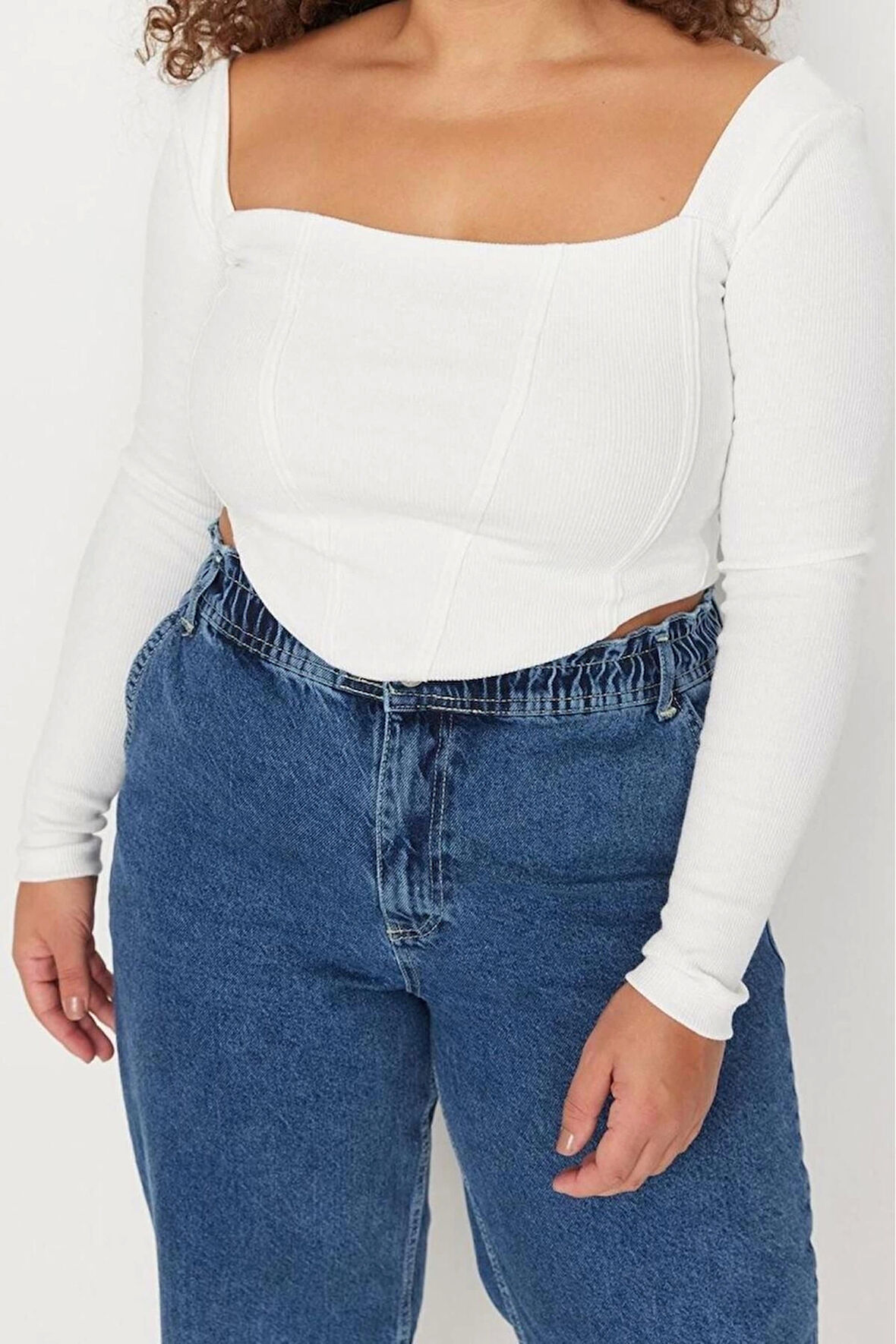 Moda Büyük Beden Kare Yaka Örme Fit Düz Desen Casual Günlük Crop Uzun Kol Bluz