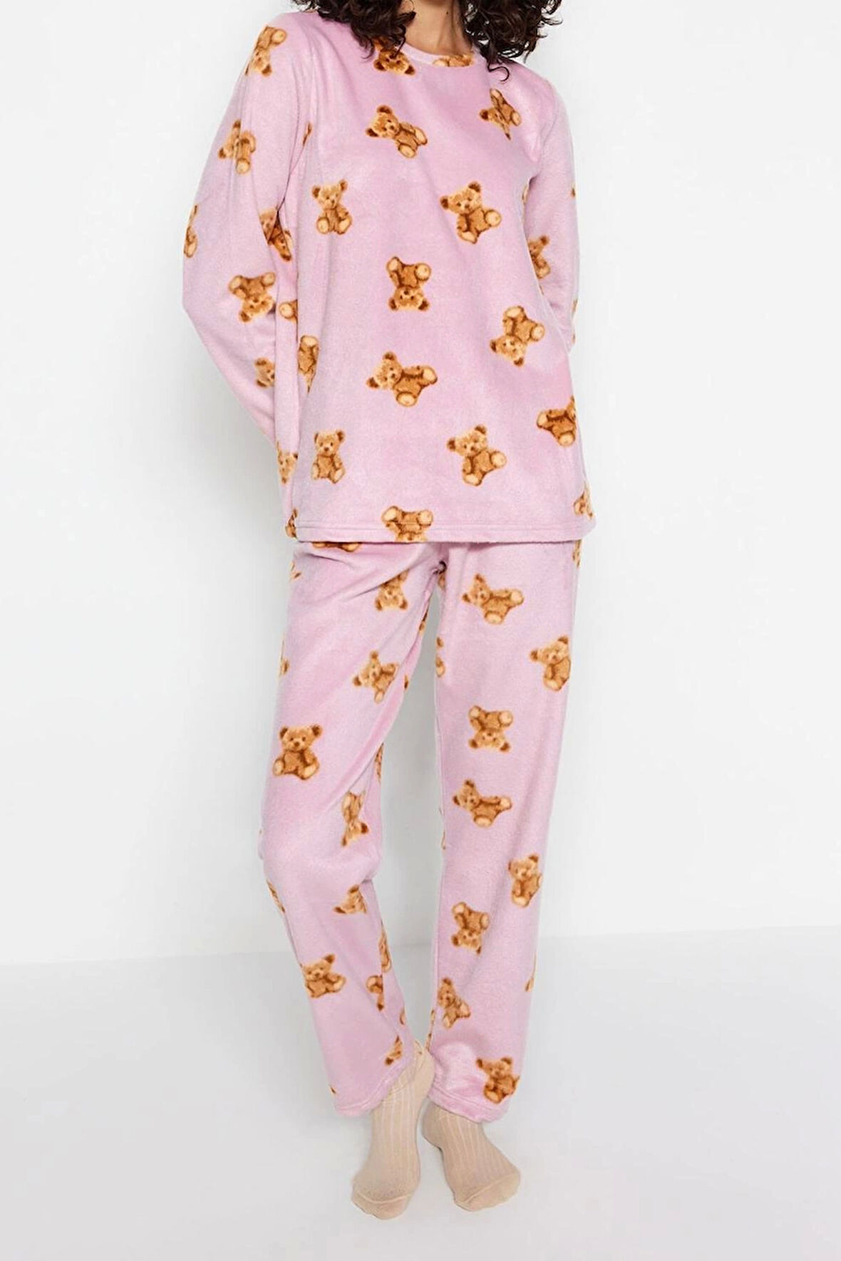 Tarz Rahat Uzun Kollu Boru Paça Polar Ayıcık Desenli Kışlık Örme Pijama Takımı