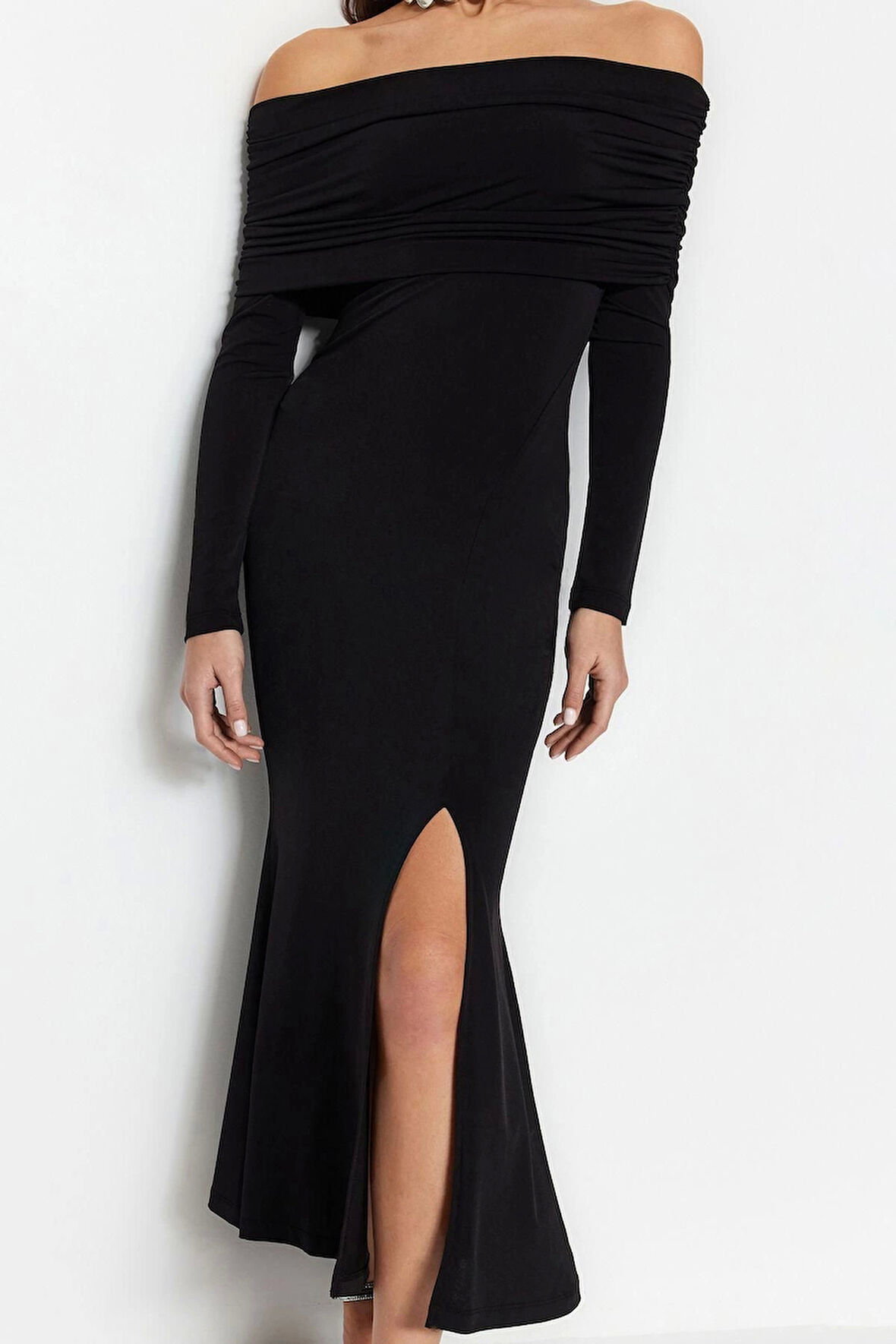 Moda Stil Fitted Carmen Yaka Midi Boy Şık Abiye Elbise