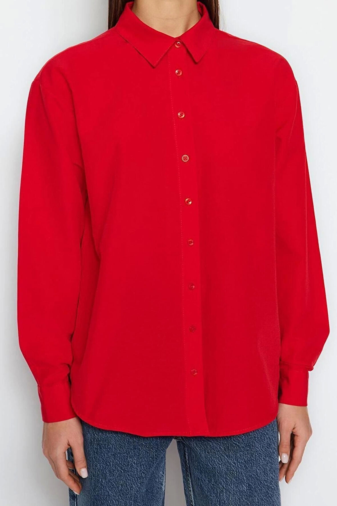 Moda Kadın Gömlek Yaka Düz Desen Günlük Loose Fit Dokuma Gömlek