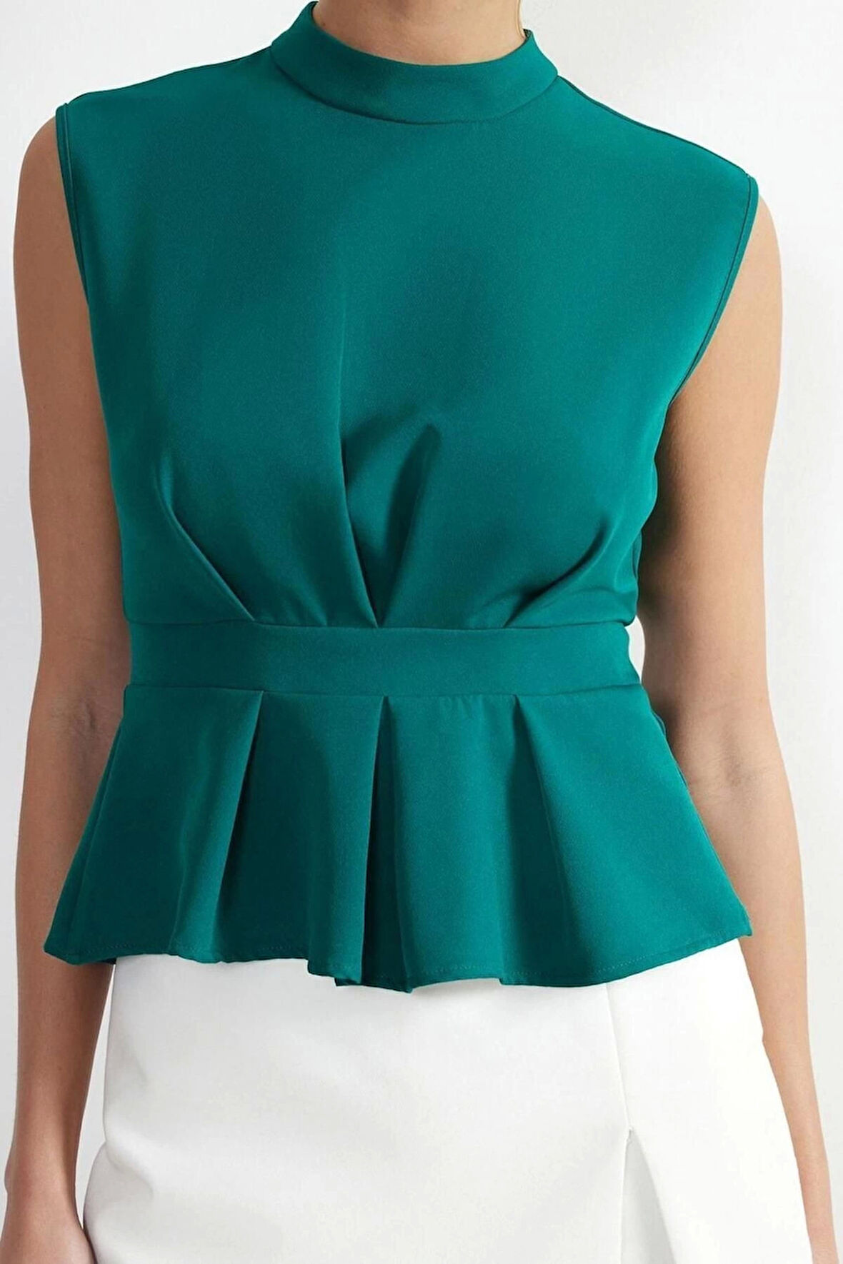 Moda Bisiklet Yaka Dokuma Fit Düz Desen Resmi Regular Kolsuz Bluz