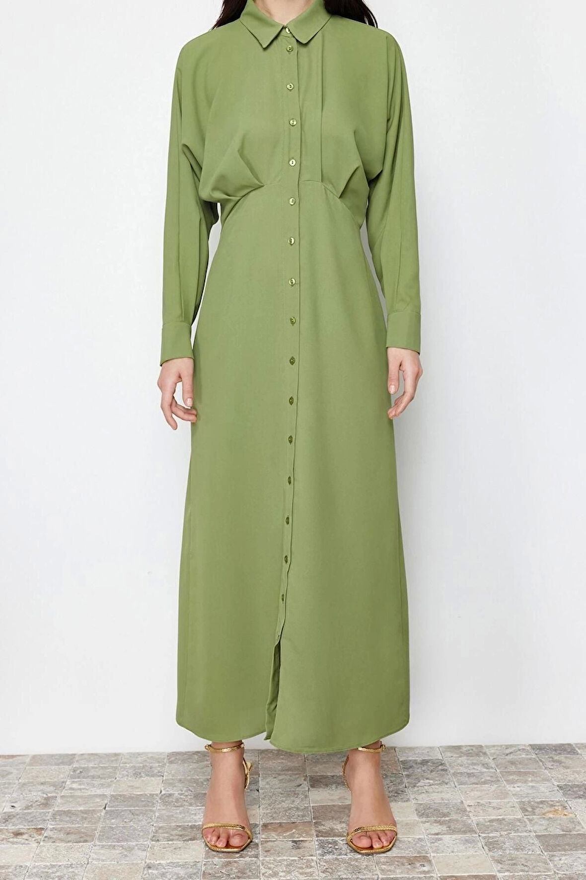 Moda Regular Günlük Jessica Dokuma Gömlek Yaka Uzun Kol Gömlek Elbise Maxi Boy Tesettür Elbise