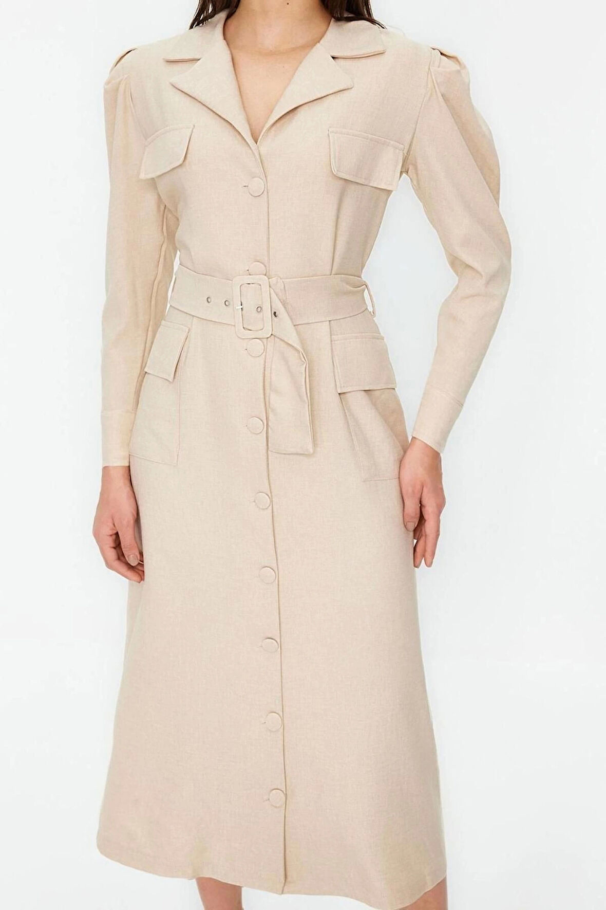 Moda Fit Business Keten Görünümlü Dokuma V Yaka Uzun Kol Gömlek Elbise Maxi Boy Tesettür Elbise