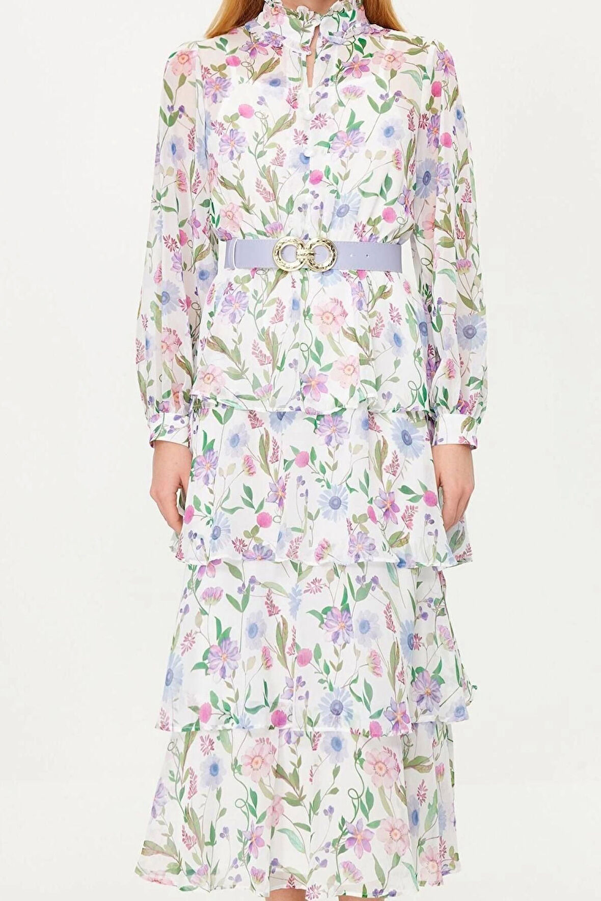 Moda Regular Günlük Yoryo Şifon Dokuma Gömlek Yaka Uzun Kol Eteği Fırfırlı Maxi Boy Tesettür Elbise