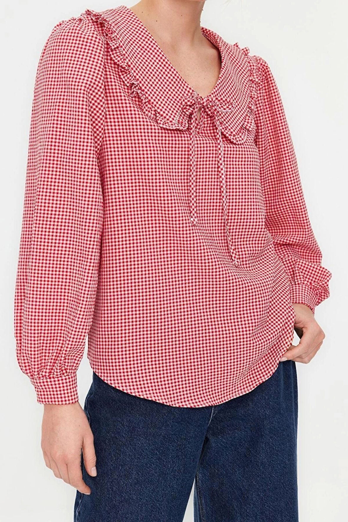 Moda Bebe Yaka Dokuma Regular Ekose / Kareli Desen Casual Günlük Regular Uzun Kol Bluz