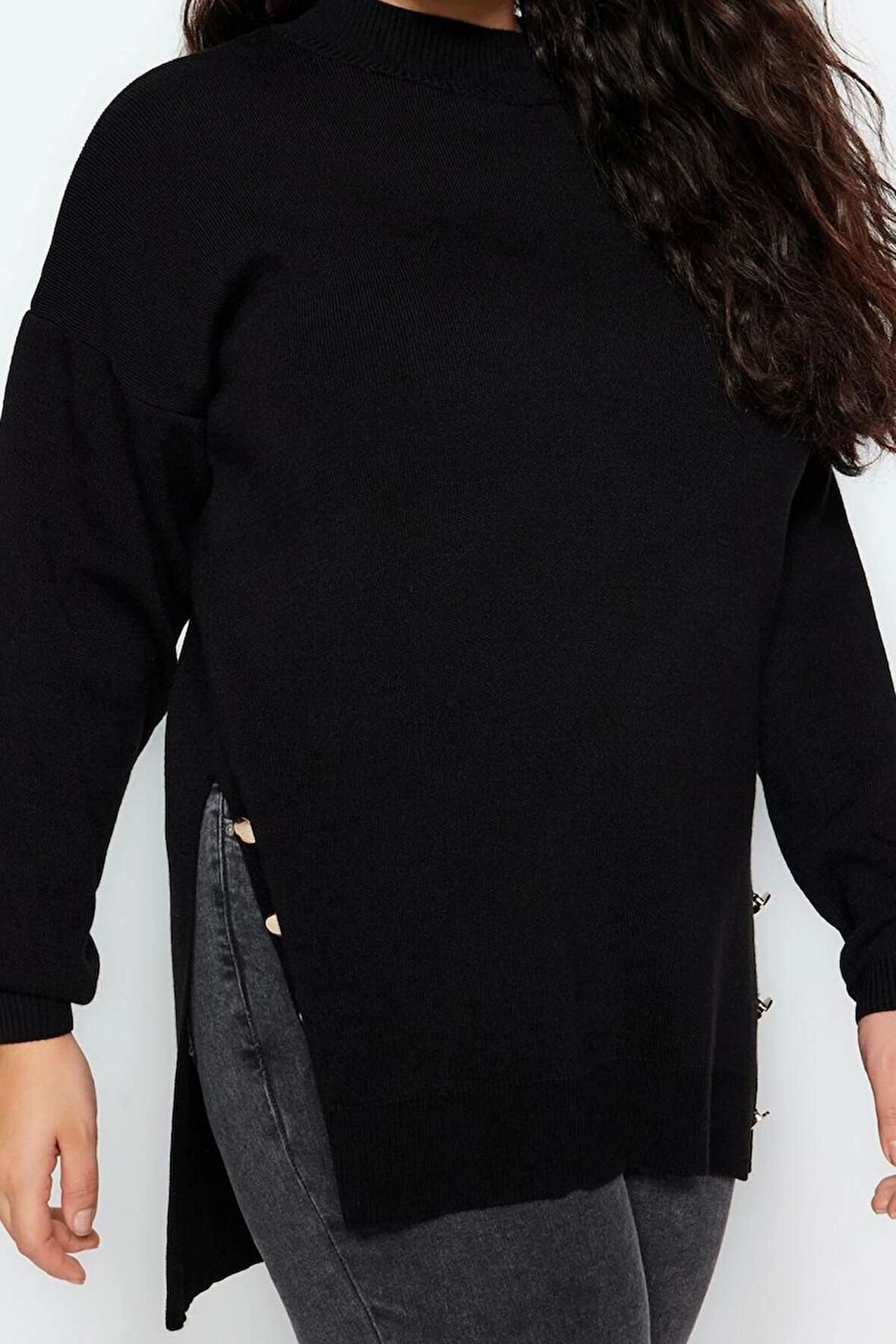 Büyük Beden Kadın Modern Tarz Rahat Uzun Balıkçı Yaka Düz Kol Uzun Triko Kazak