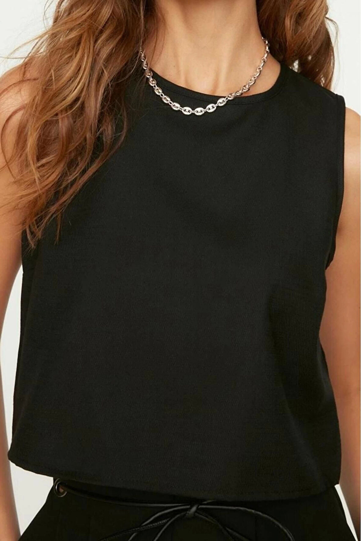 Moda Bisiklet Yaka Dokuma Regular Düz Desen Casual Günlük Crop Kolsuz Bluz