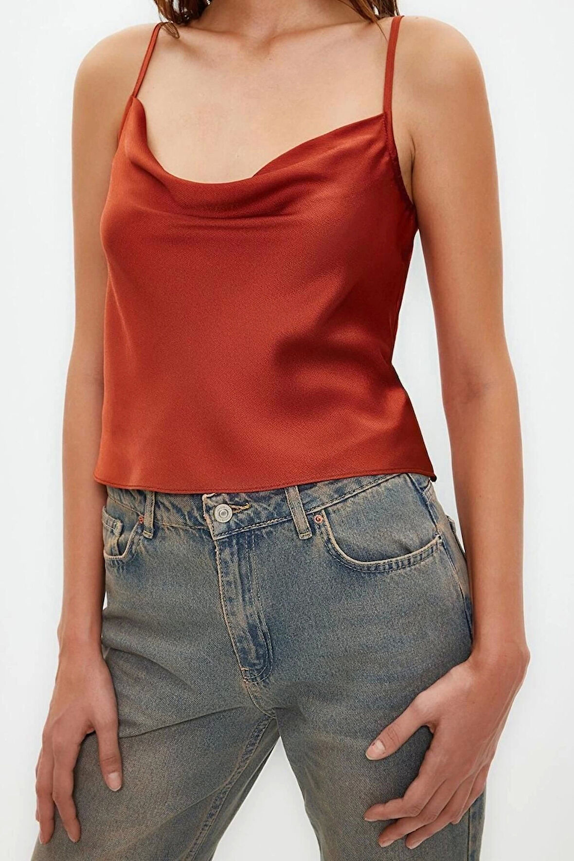 Moda Degaje Yaka Dokuma Regular Düz Desen Casual Günlük Regular Askılı Kol Bluz