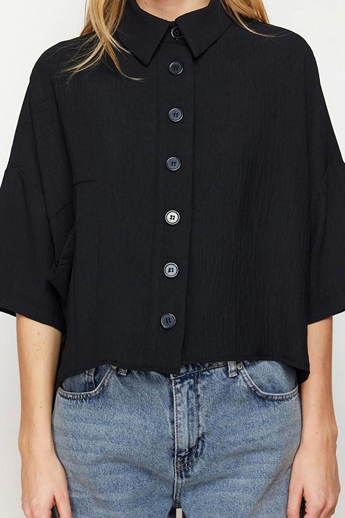 Moda Kadın Gömlek Yaka Düz Desen Günlük Oversize Geniş Kalıp Fakir Kol Dokuma Gömlek