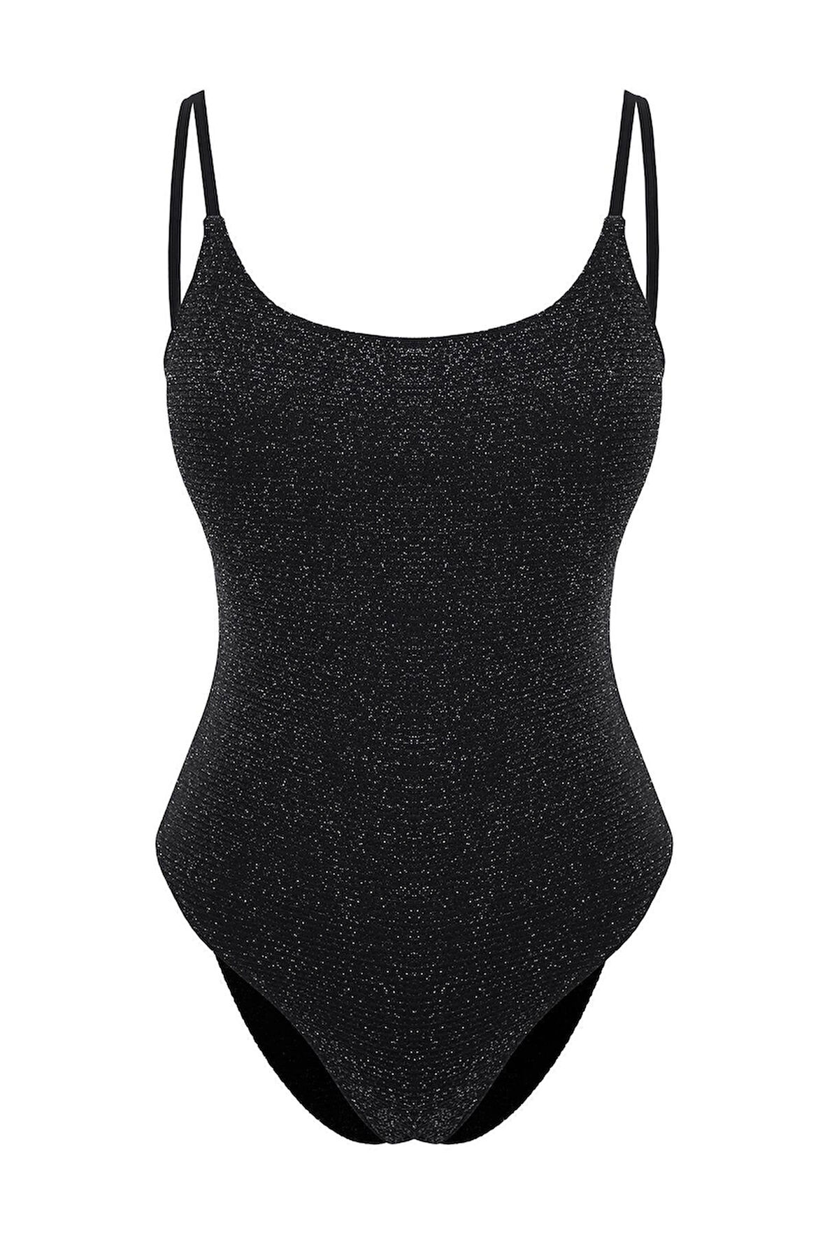 Kadın Moda Atma Kap Askılı Brief Yaka Siyah Simli Regular Mayo