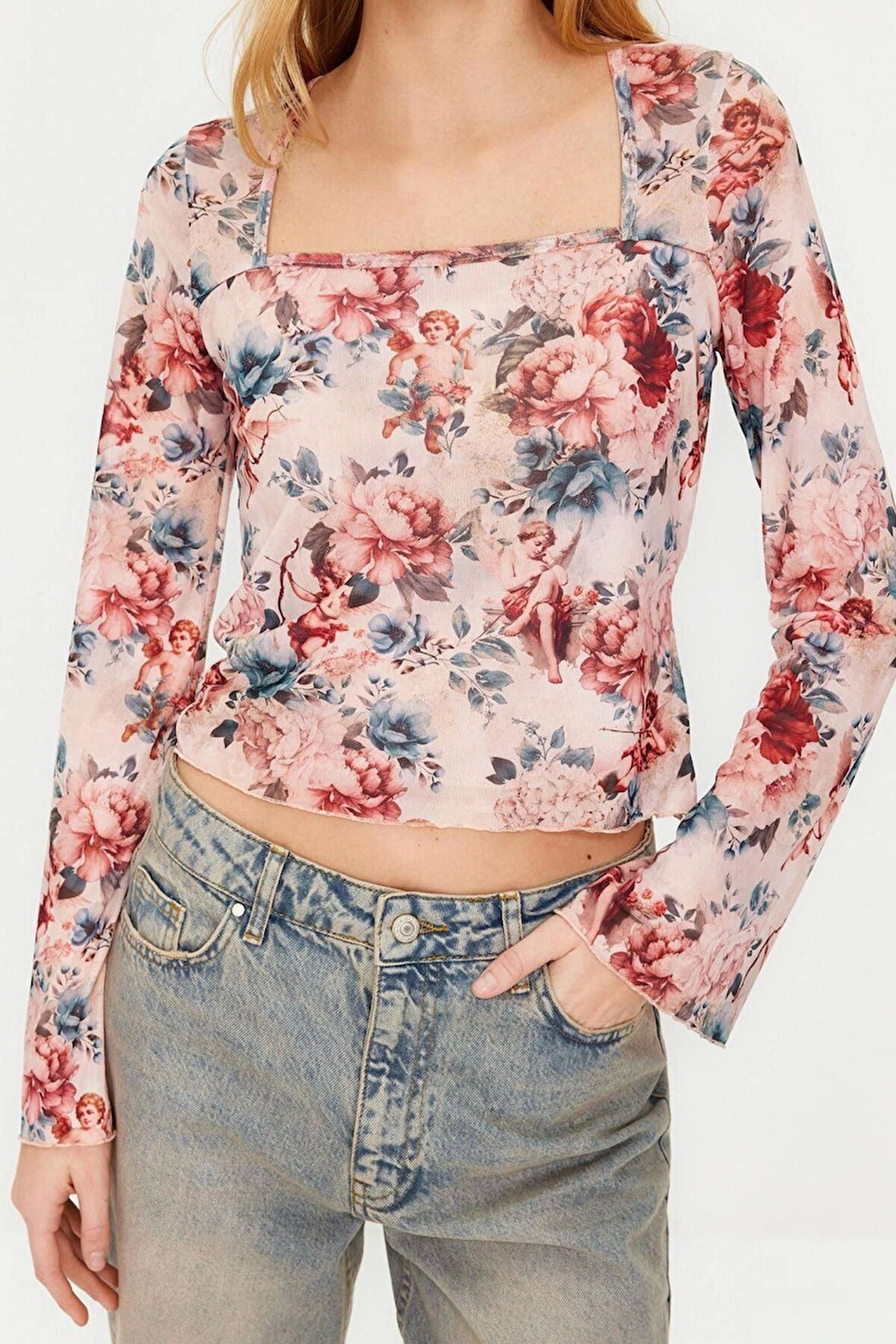 Moda Kare Yaka Örme Slim Fit Baskılı Desen Casual Günlük Crop Uzun Kol Bluz