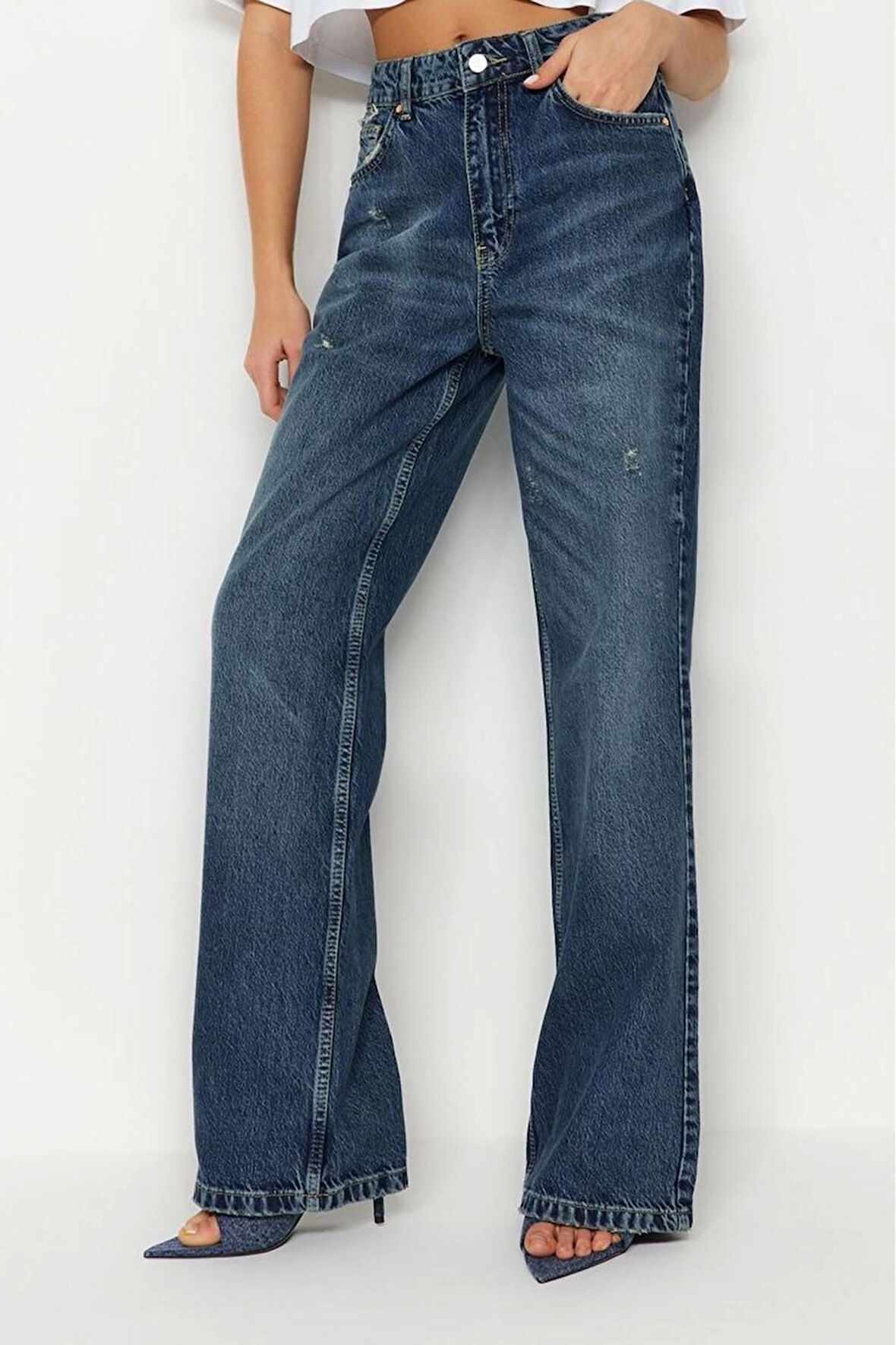 Stil Kadın Moda Denim Kot Pantolon Regular Geniş Paça Mavi Yırtıklı Yüksek Bel Jeans