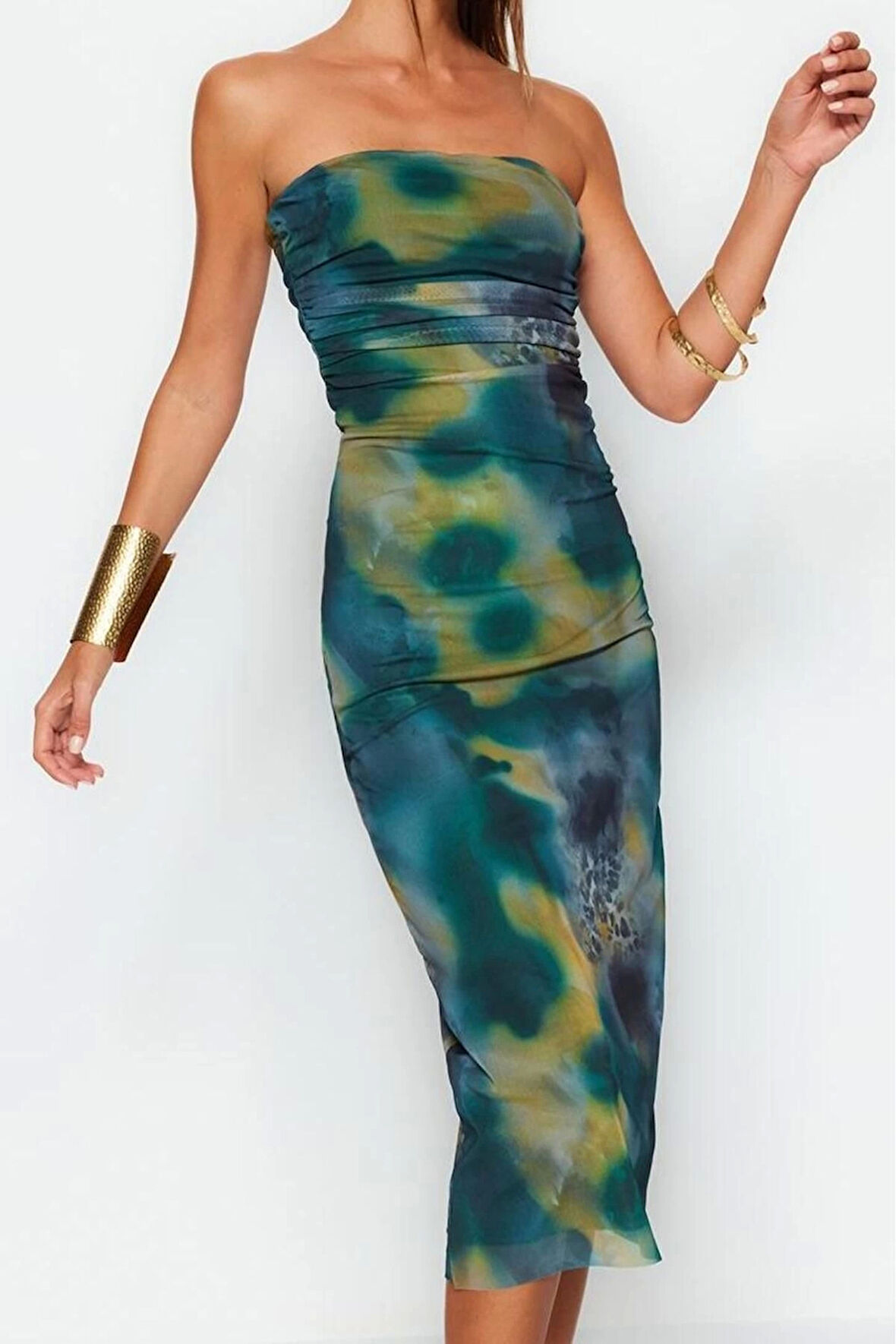 Moda Stil Slim Straplez Midi Boy Vücuda Oturan Örme Tül Şık Abiye Elbise