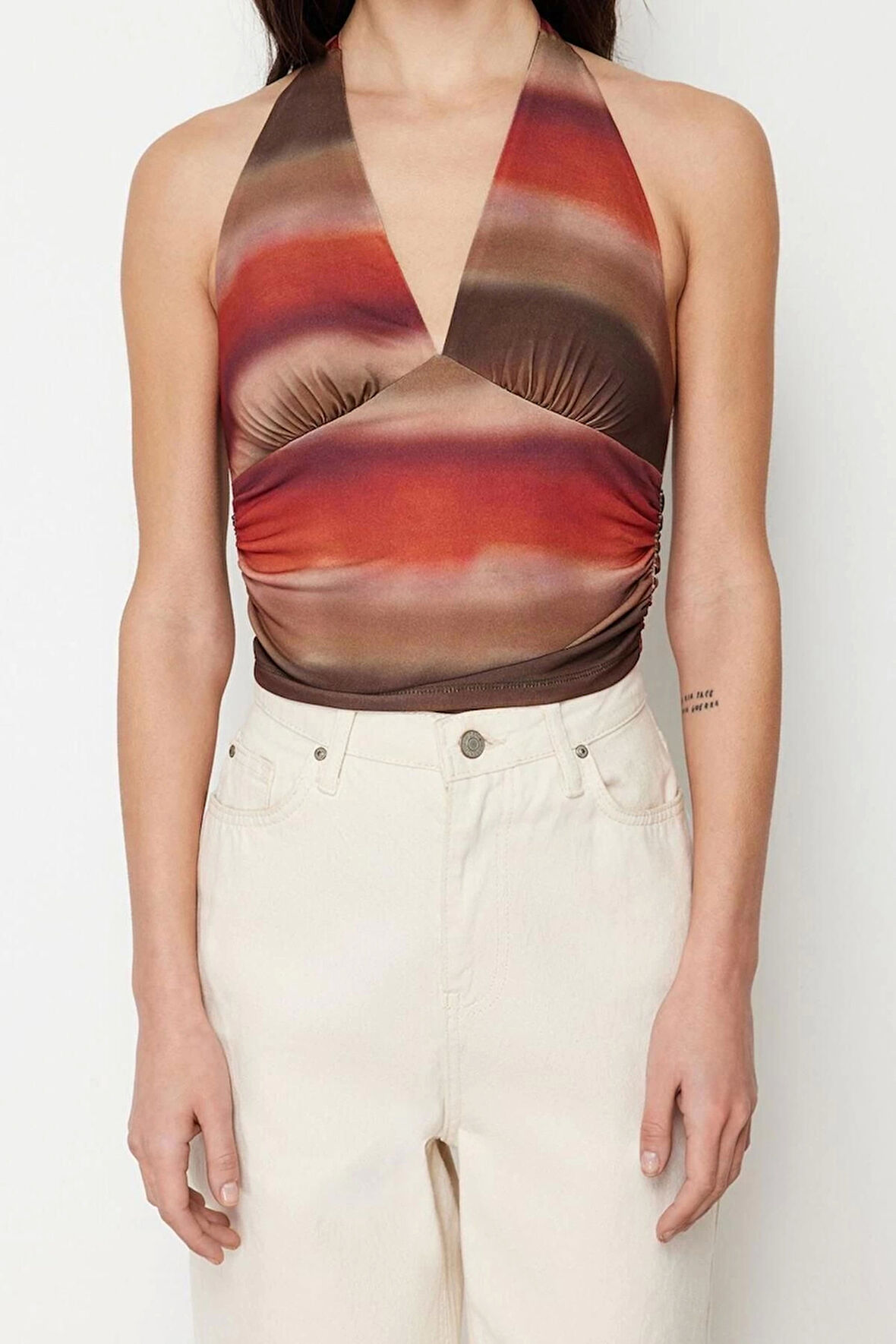 Moda Boyundan Bağlamalı Örme Slim Soyut Desen Casual Günlük Regular Kolsuz Bluz