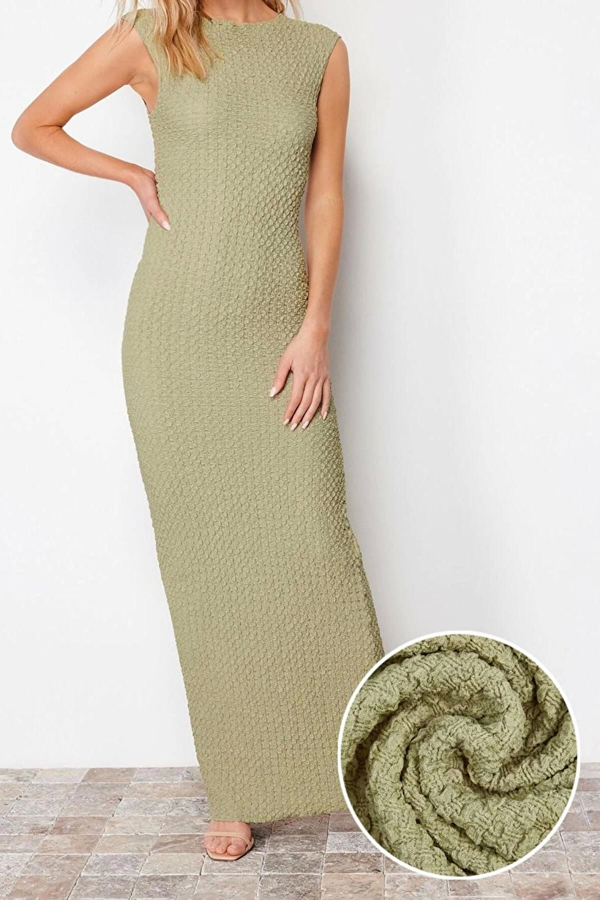 Moda Stil Slim Kayık Yaka Midi Boy Dokulu Kumaş Fitted Vücuda Oturan Ay Kol Esnek Örme Kalem Elbise