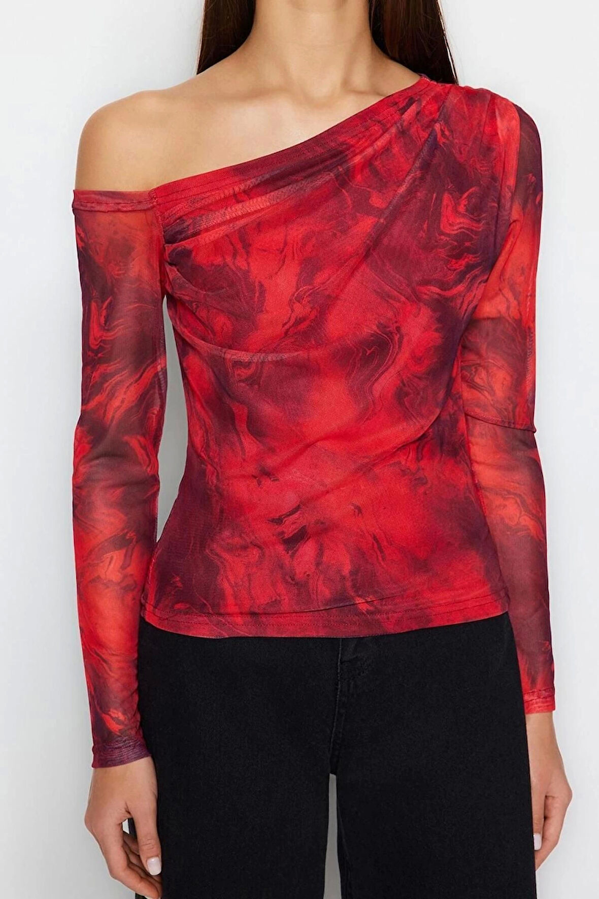 Moda Asimetrik Yaka Örme Slim Çiçekli Desen Casual Günlük Regular Uzun Kol Bluz