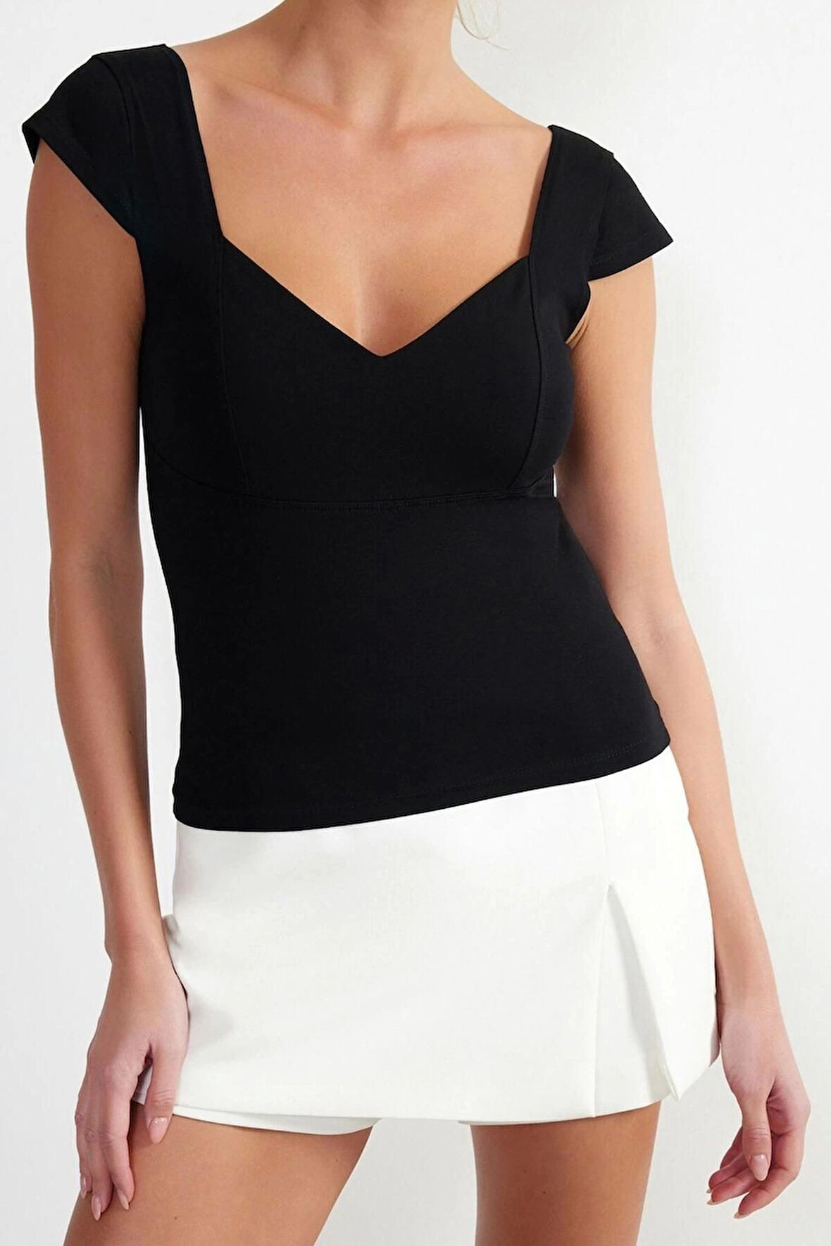 Moda Kalp Yaka Örme Slim Düz Desen Casual Günlük Crop Kolsuz Bluz