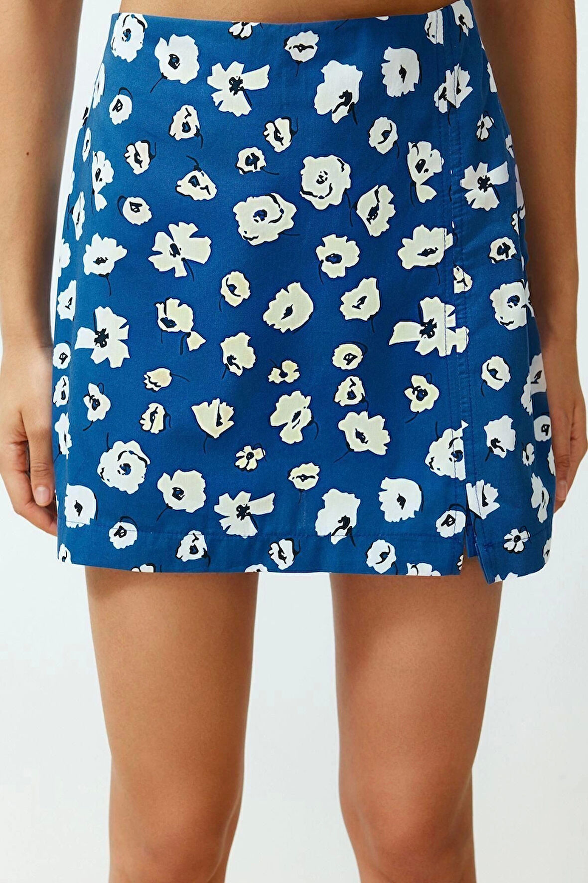 Moda Dokuma Yüksek Bel Geniş Paça Gündelik Mavi Çiçek Desenli Dokuma Şort Etek