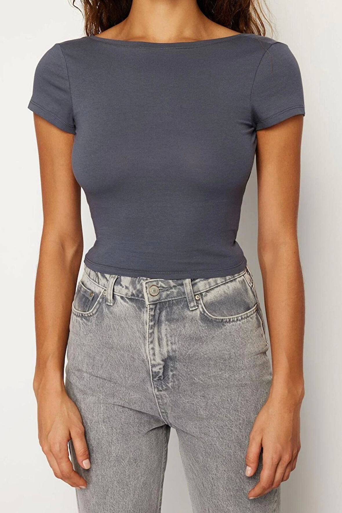 Moda Bisiklet Yaka Örme Slim Düz Desen Casual Günlük Crop Kısa Kol Bluz