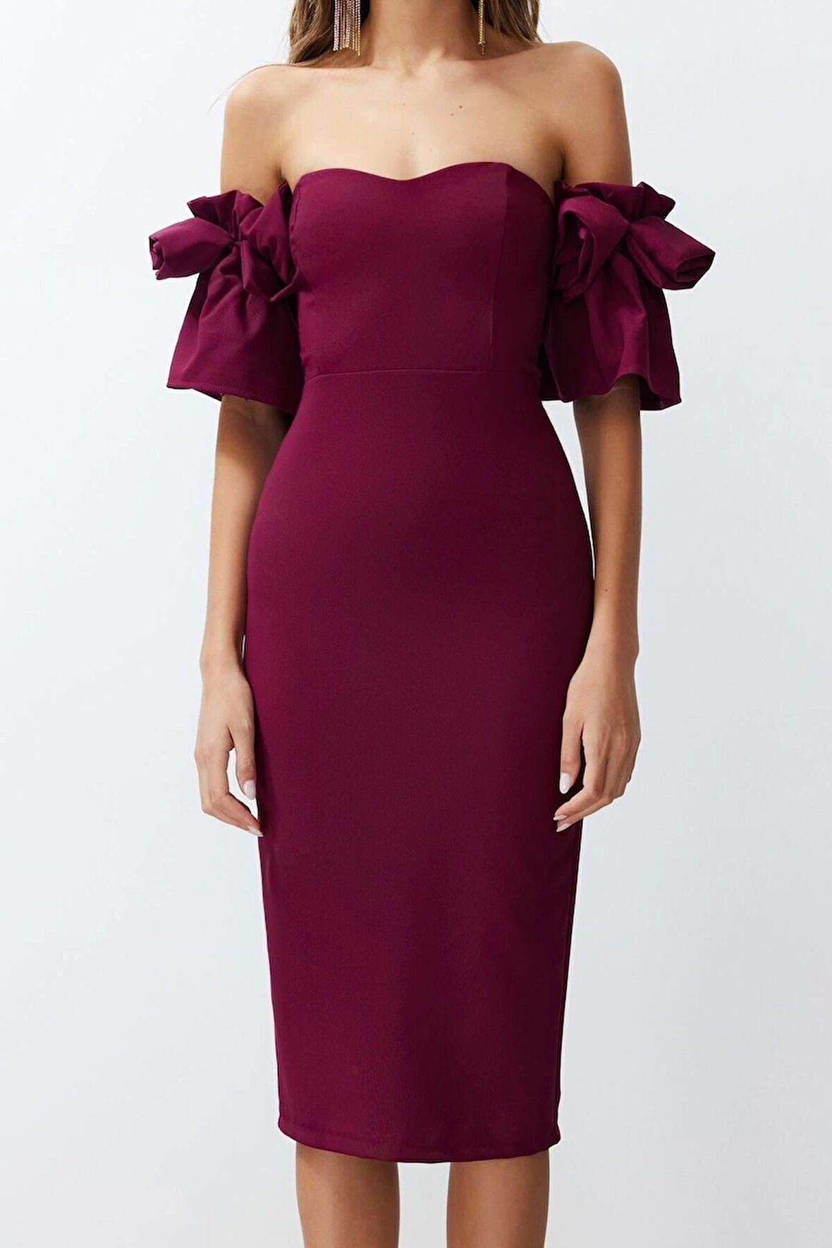 Moda Fit Mezuniyet Balo Finike Dokuma Kalp Yaka Kısa Kol Bodycone Midi Boy Elbise