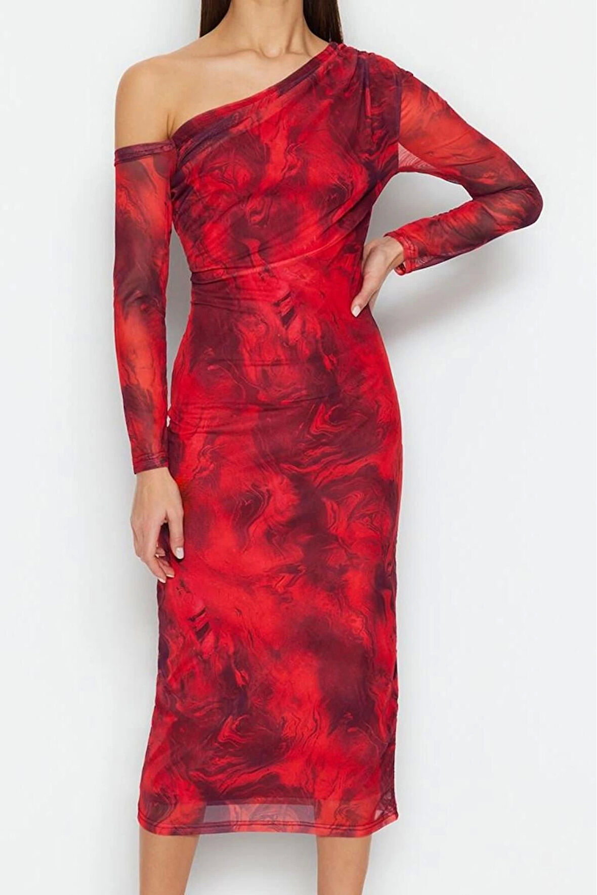 Moda Stil Slim Asimetrik Yaka Midi Boy Soyut Astarlı Örme Elbise