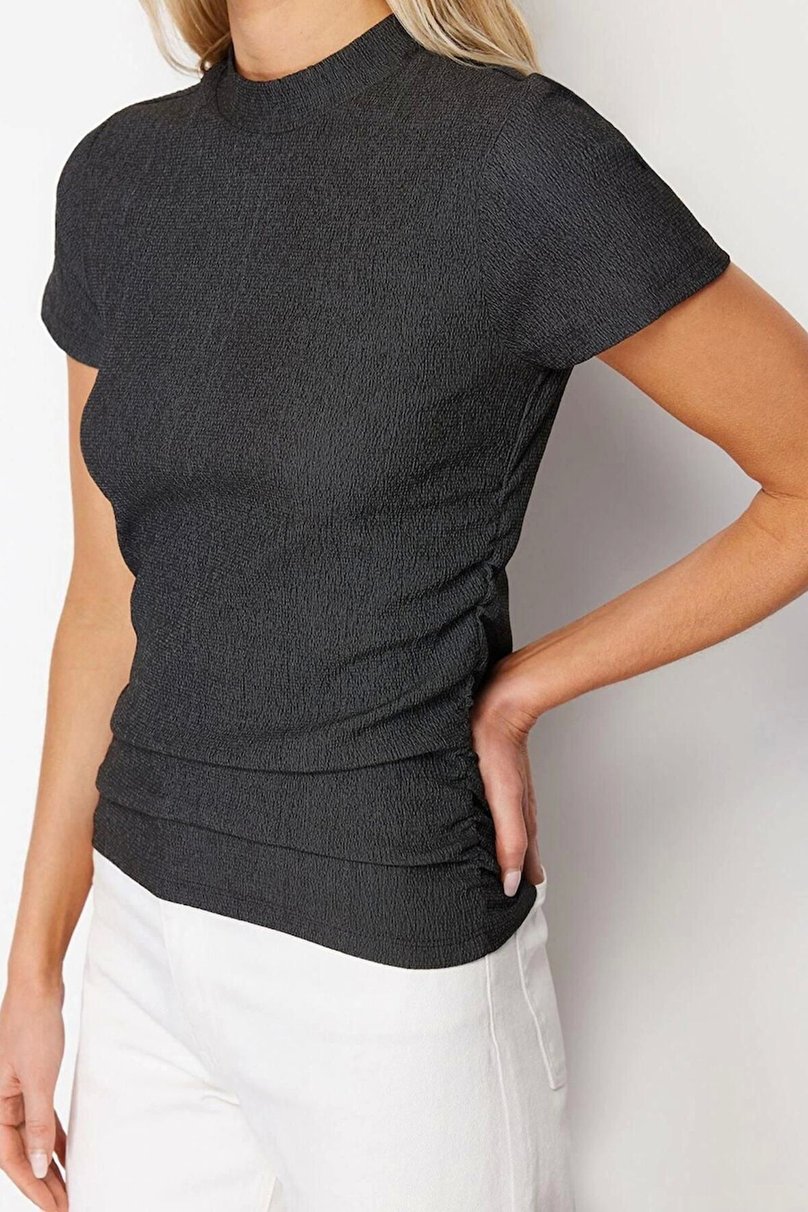 Moda Dik Yaka Örme Slim Düz Desen Casual Günlük Crop Kısa Kol Bluz