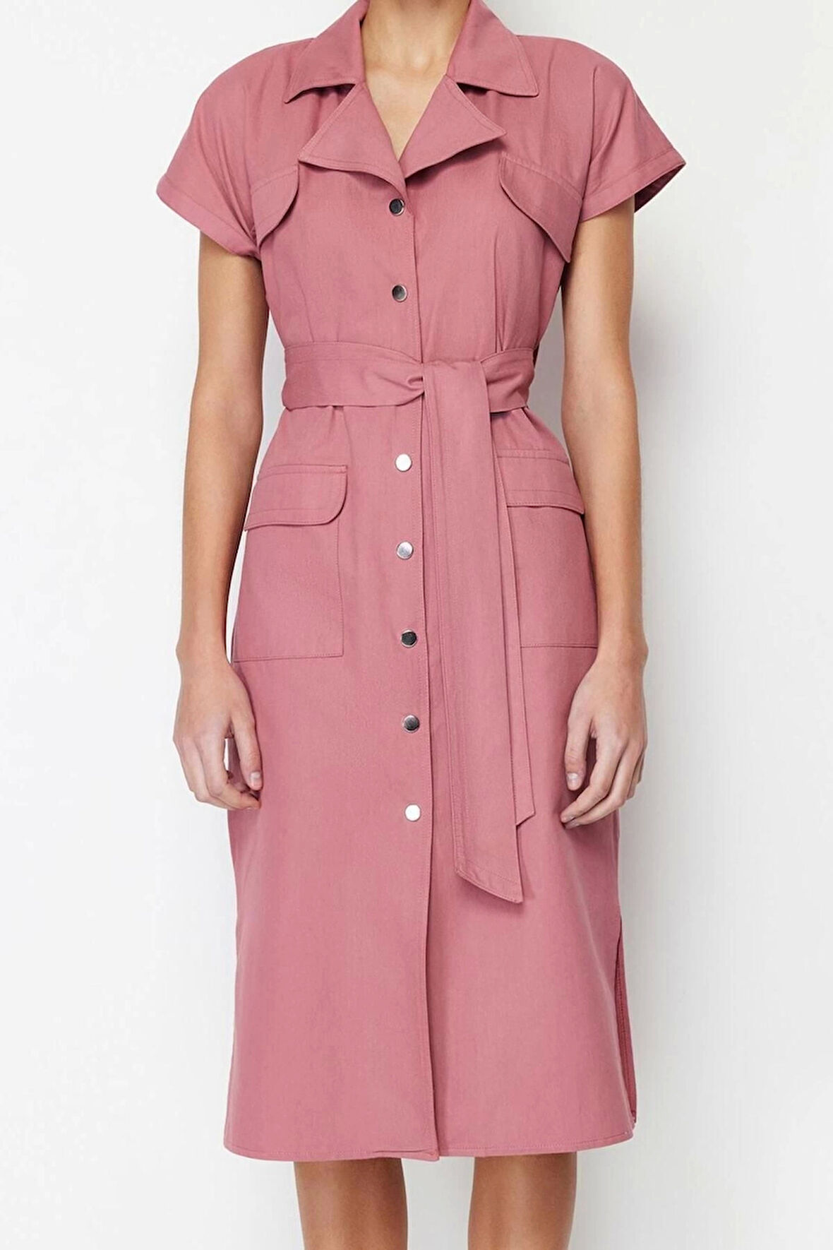 Moda Regular Casual Günlük Gabardin Dokuma Gömlek Yaka Kısa Kol Gömlek Elbise Midi Boy Elbise