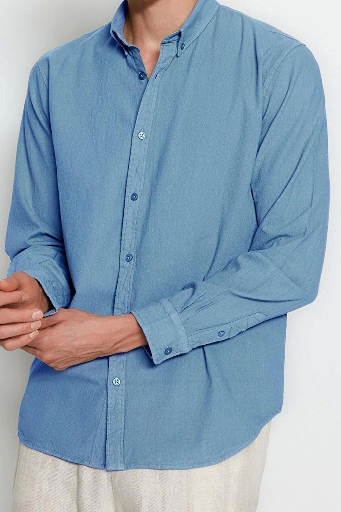 Moda Erkek Gömlek Yaka Düz Desen Günlük Regular Fit %100 Pamuk Keten Görünümlü Gömlek