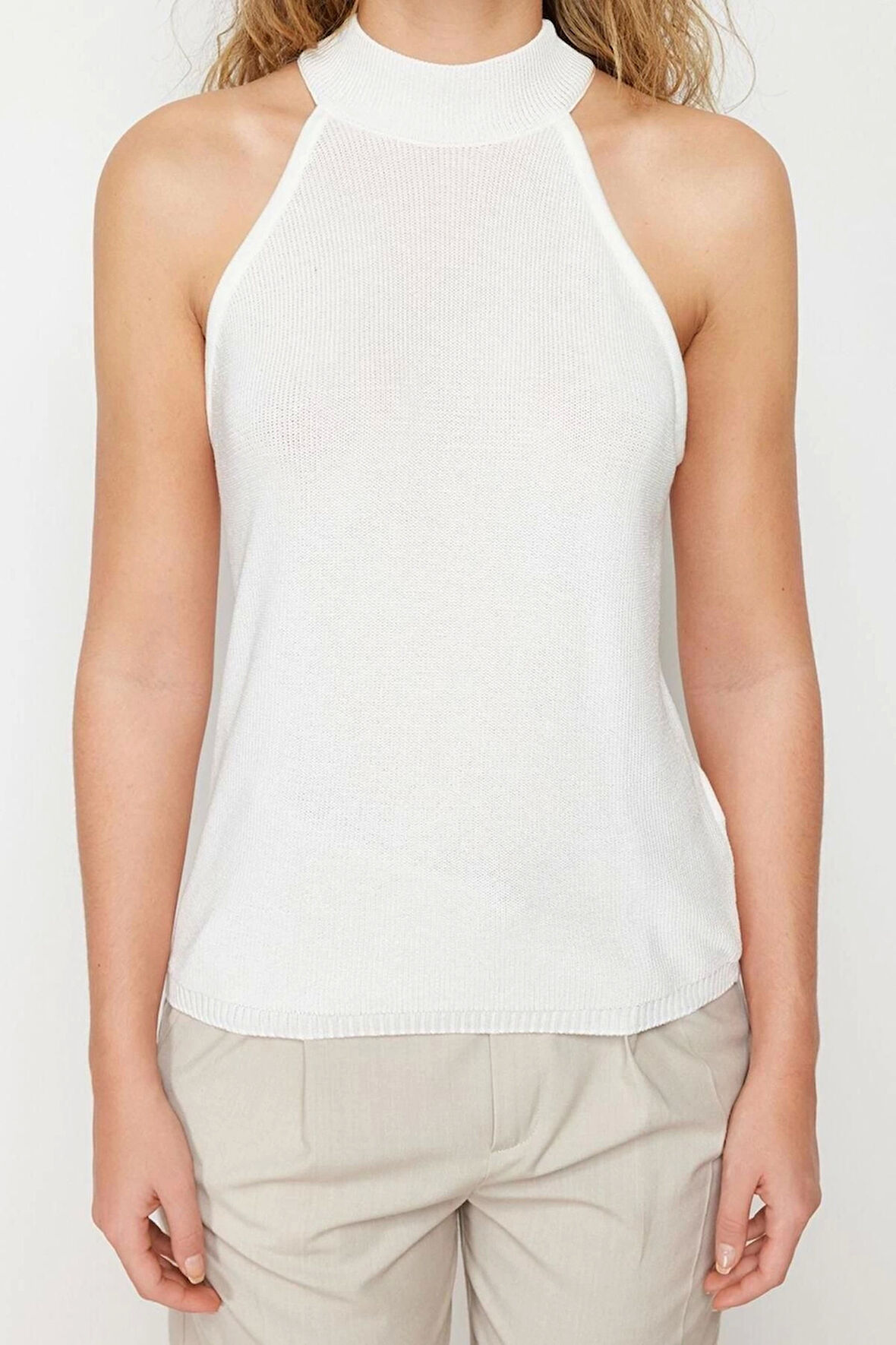 Moda Halter Yaka Triko Fit Düz Desen Casual Günlük Regular Kolsuz Bluz