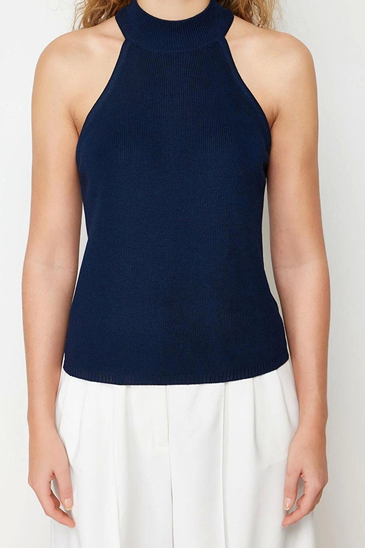 Moda Halter Yaka Triko Fit Düz Desen Casual Günlük Regular Kolsuz Bluz